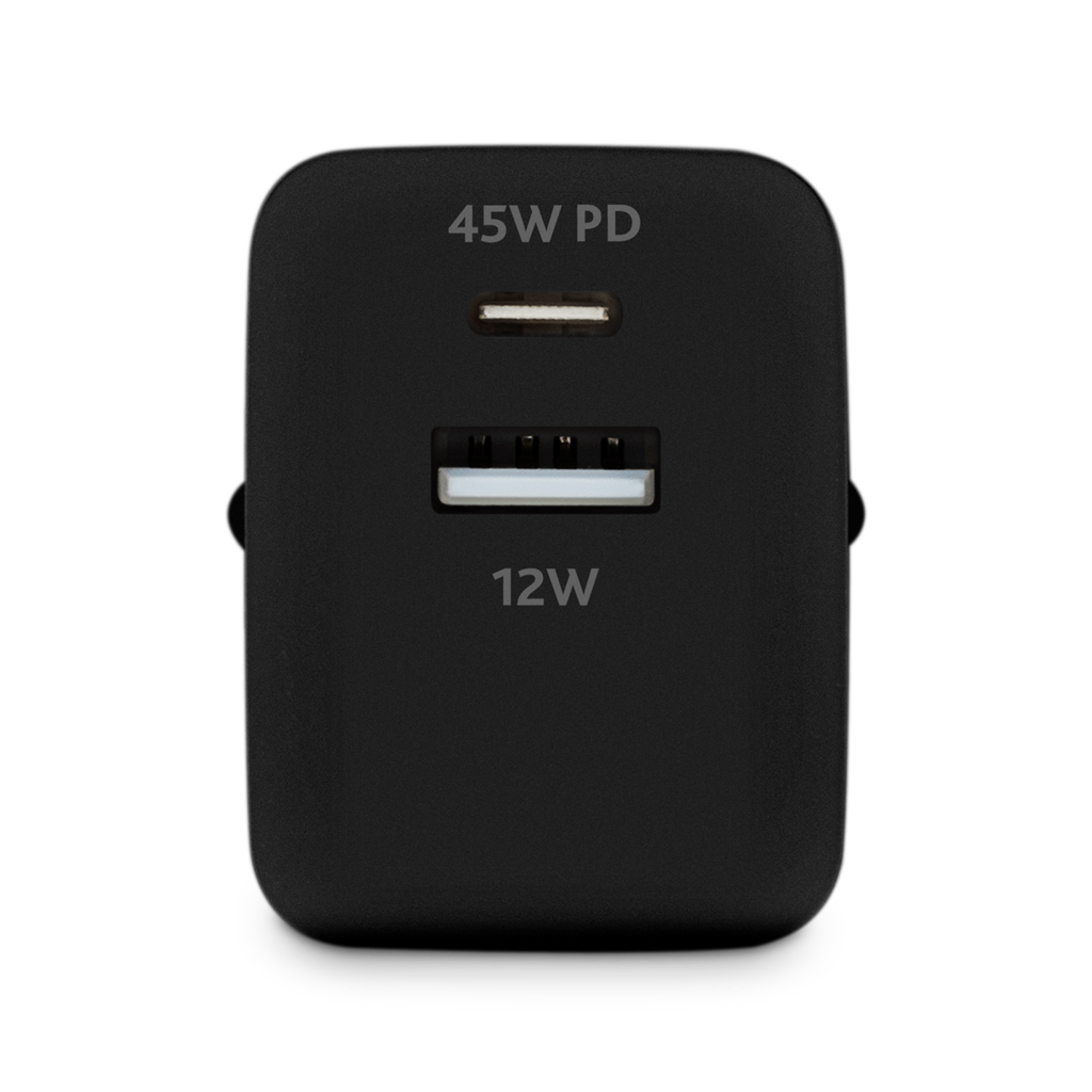 İki bağlantı noktalı siyah şarj cihazı: 45W PD USB-C ve 12W USB-A. Beyaz metin güç seviyelerini gösterir. Temiz, minimalist tasarım.