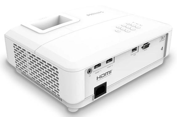 Biały projektor Philips. Posiada porty HDMI, USB i wejście zasilania. Widoczne są kratki wentylacyjne.