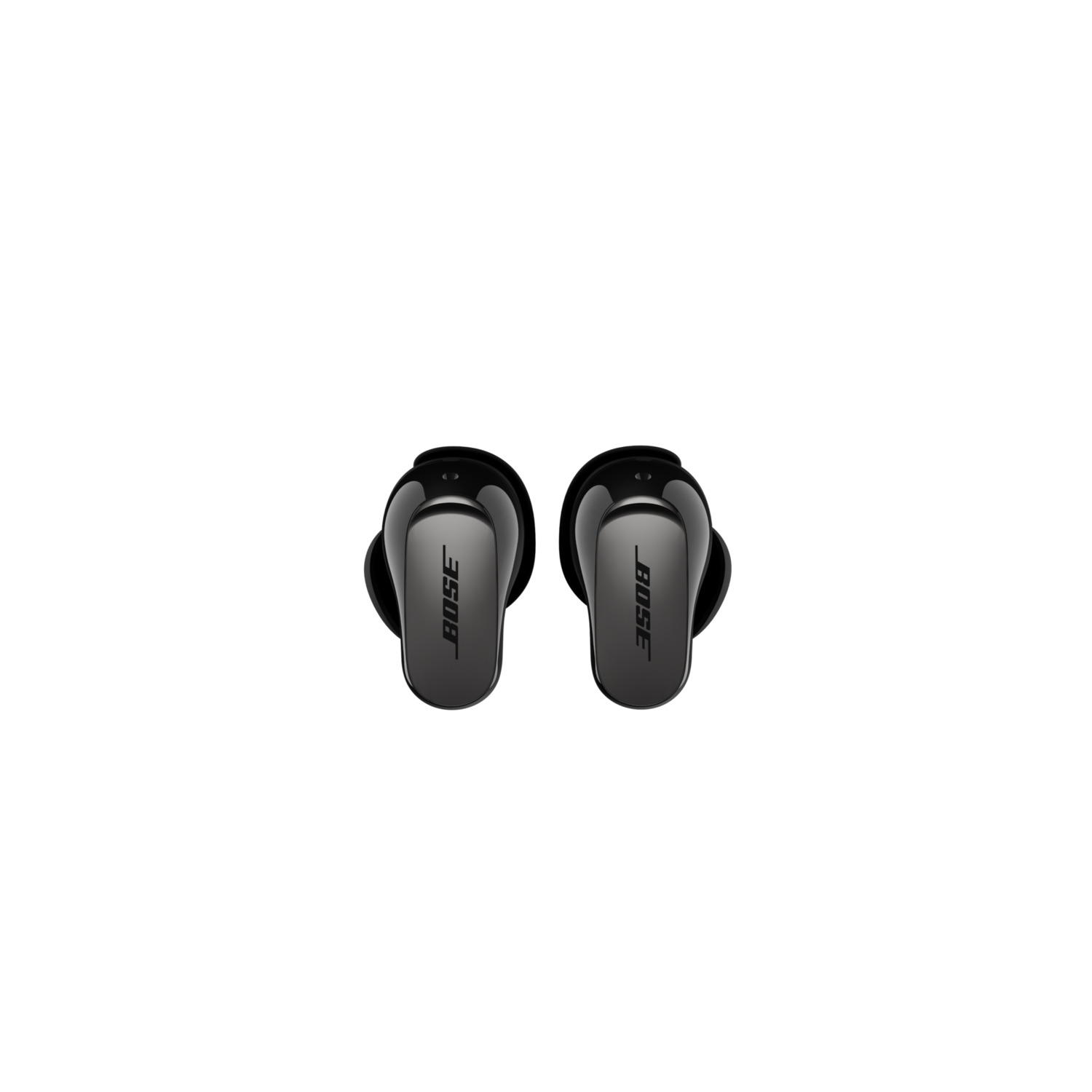 Two black Bose earbuds on white background. The brand name is visible on both earbuds. The design is smooth and modern.