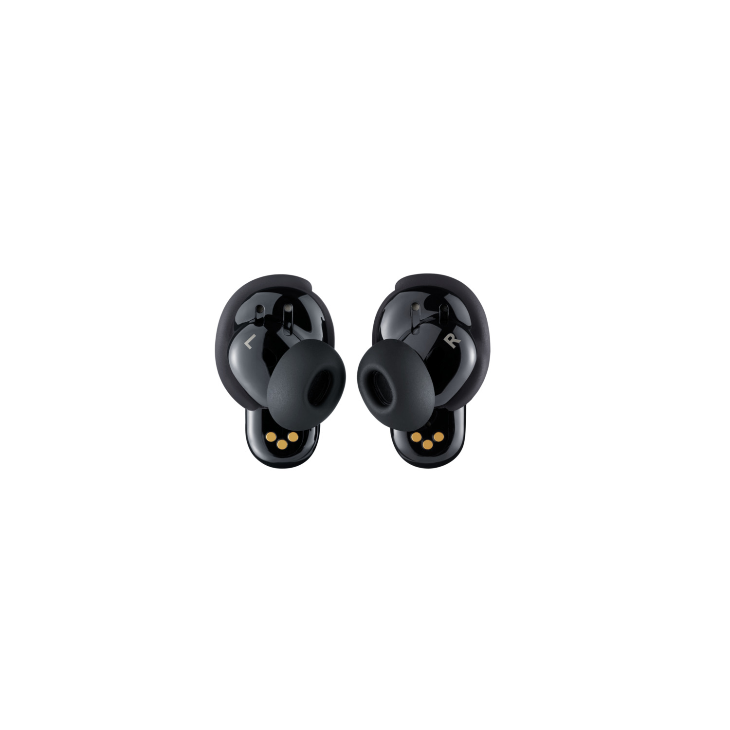 Two black wireless earbuds on a white background. The left earbud has an 'L', the right one has an 'R'.