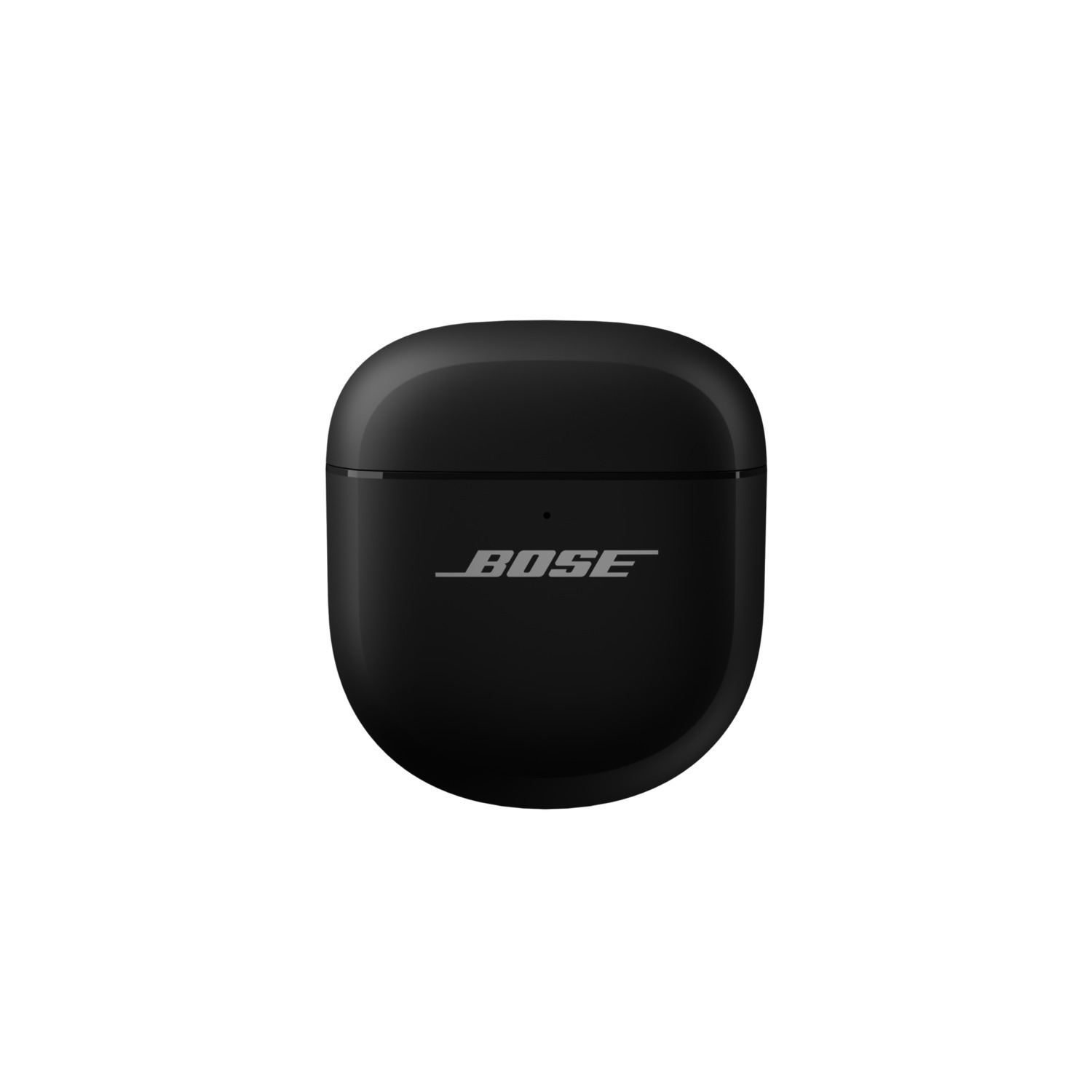 A black Bose earbud case is centered on a white background. The Bose logo is in silver.