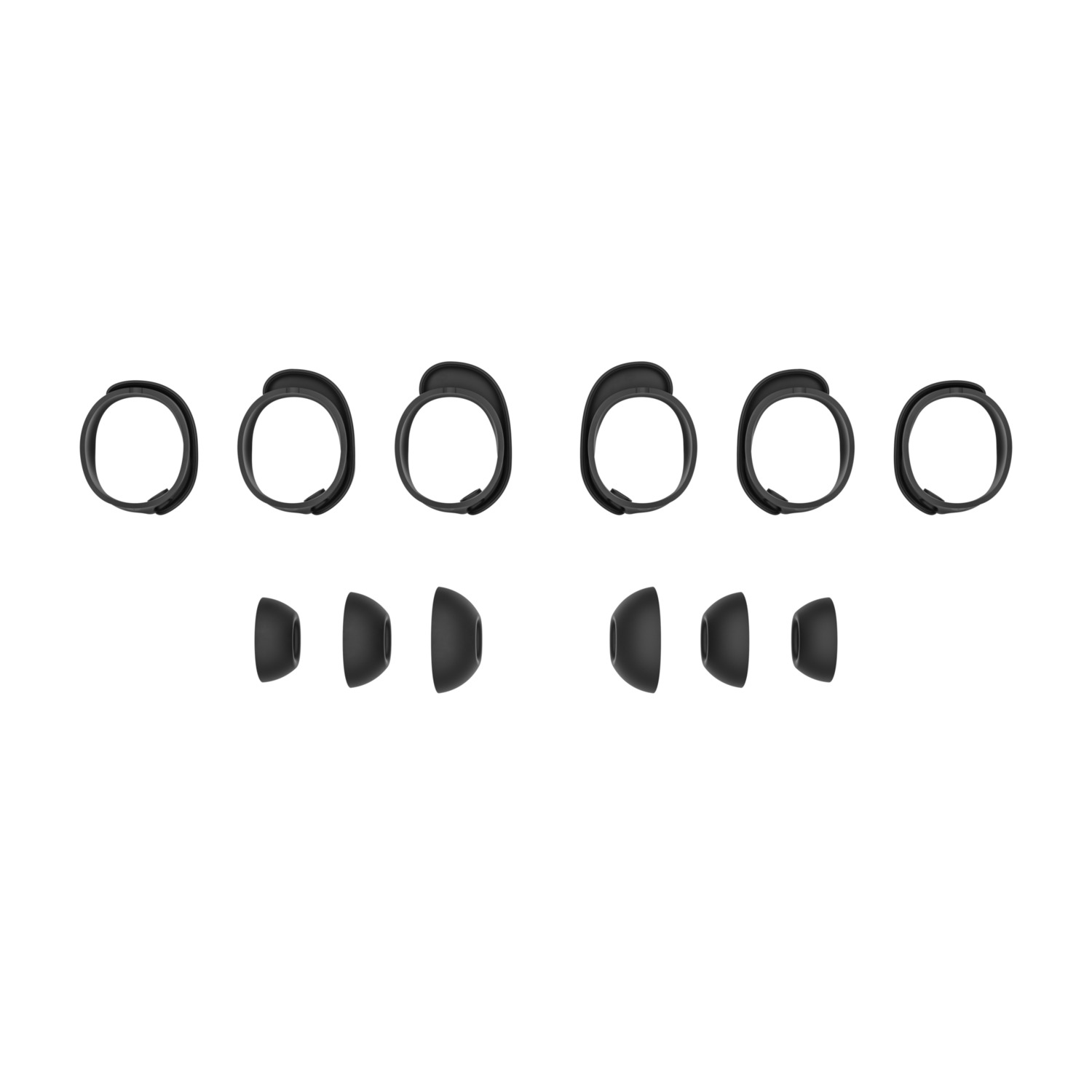Image shows six black ear hooks and six black ear tips arranged on a white background, likely for earphones.