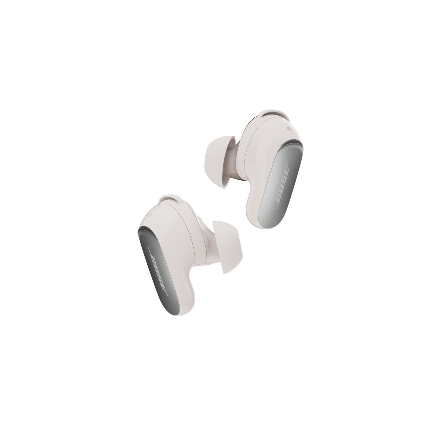 Two wireless, white Bose earbuds with gray accents are shown against a white background. The Bose logo is visible on each earbud.
