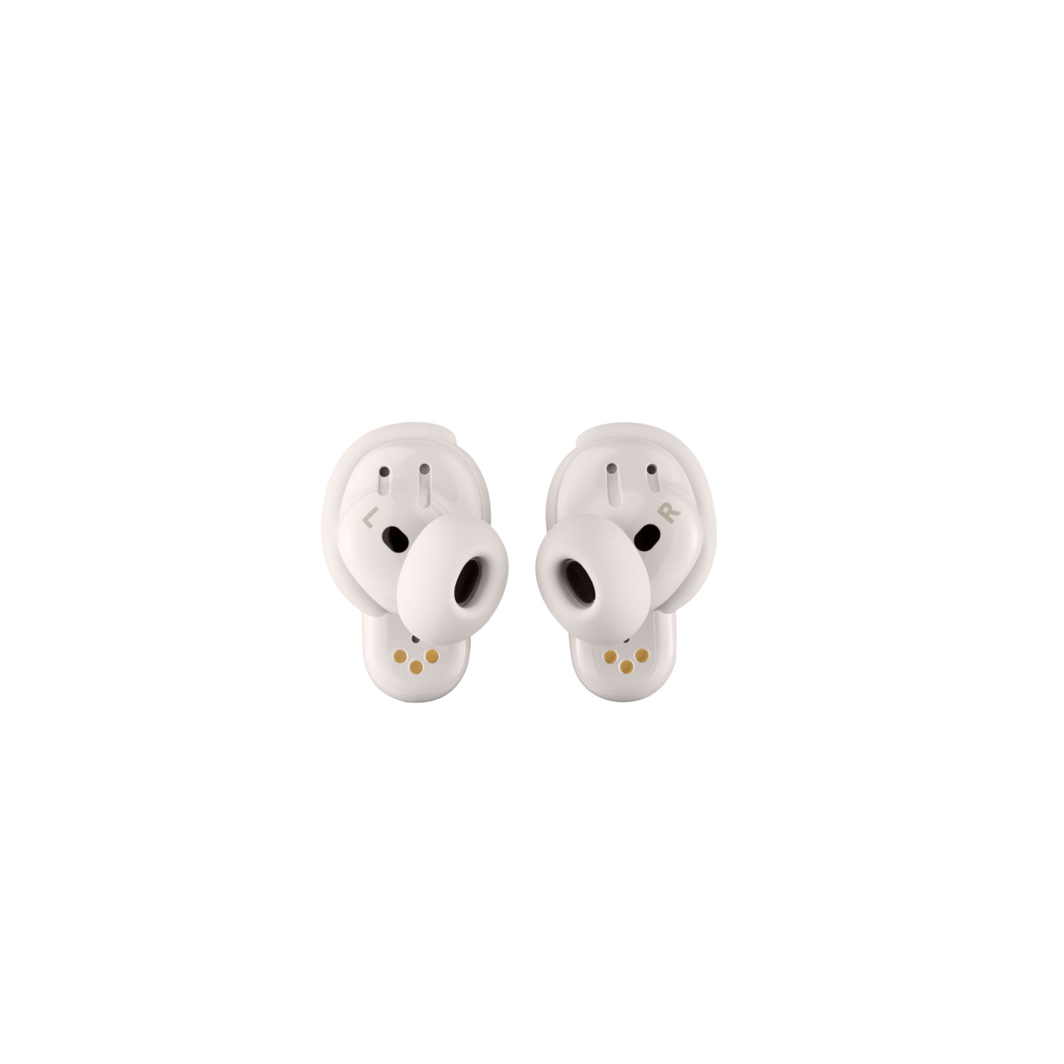 Two white earbuds are positioned next to each other against a white background. Each earbud has an 'L' and 'R' indicator.