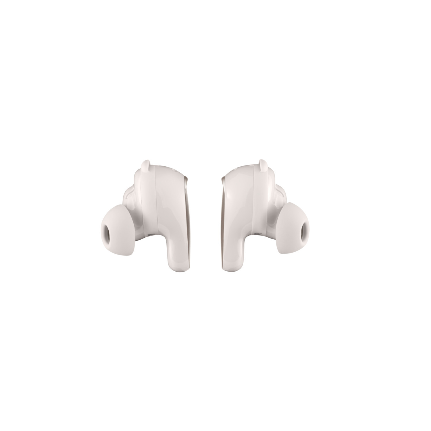 Two white wireless earbuds, positioned on a white background. Each earbud has a rounded shape and a small ear tip.