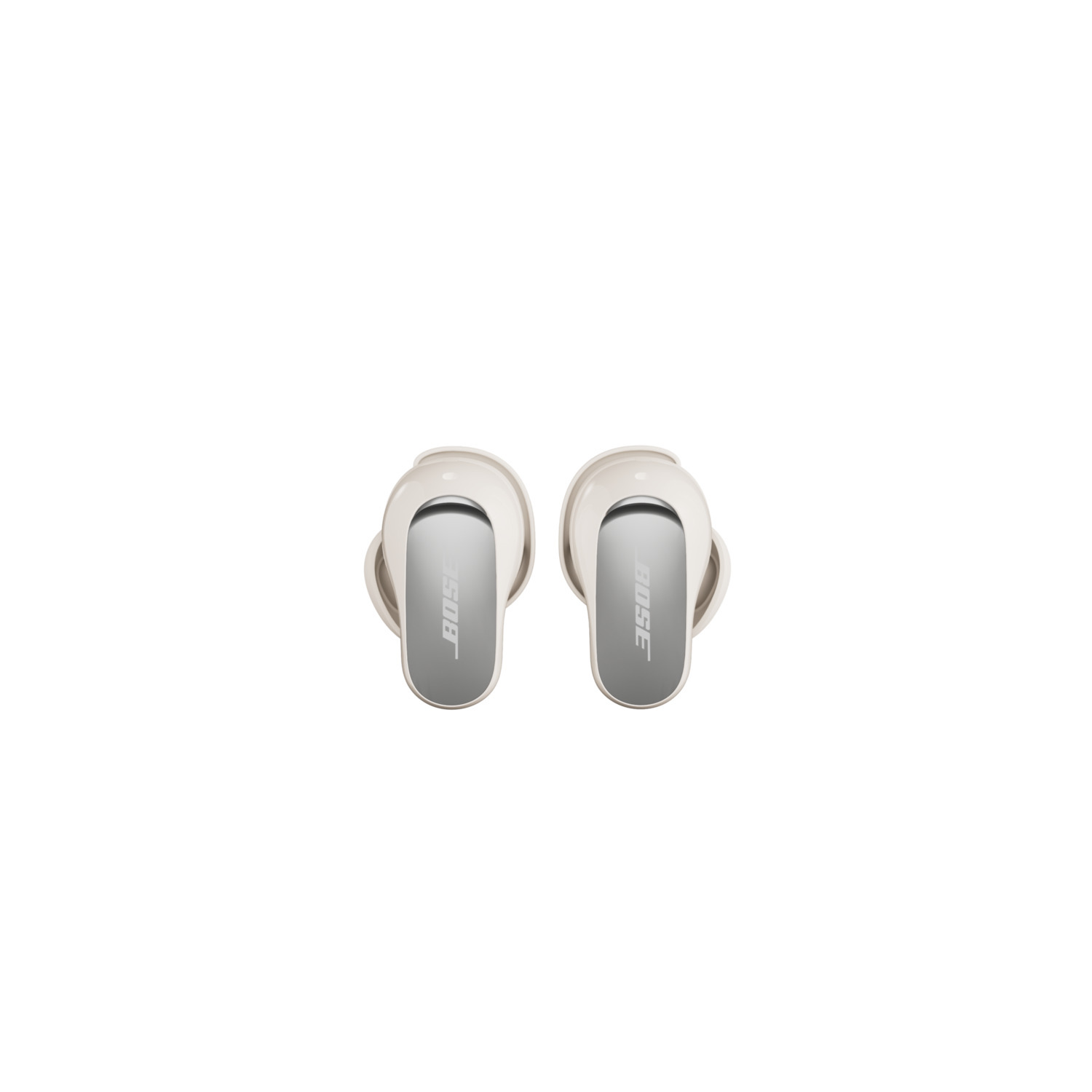 Two white and silver Bose wireless earbuds on a white background. The earbuds are top-down view, showing the Bose logo.