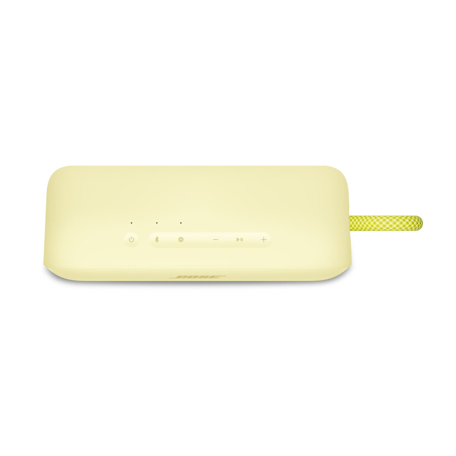 Een lichtgele Bose-luidspreker op een witte achtergrond. Het heeft knoppen en een geruite riem. Het woord 'Bose' staat erop gedrukt.