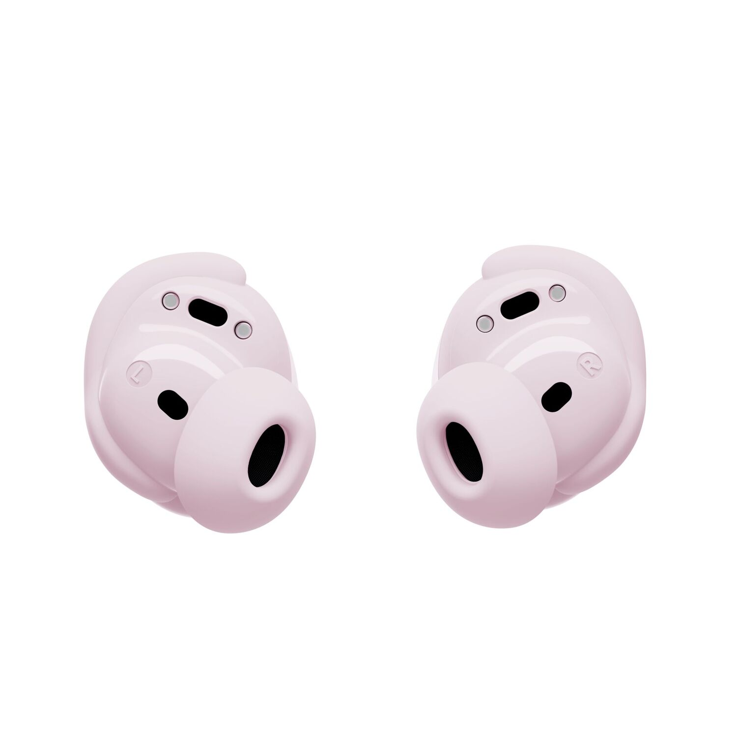 Two pink earbuds on a white background. Each earbud has a black hole and small black and silver details. The left is marked with 'L'.