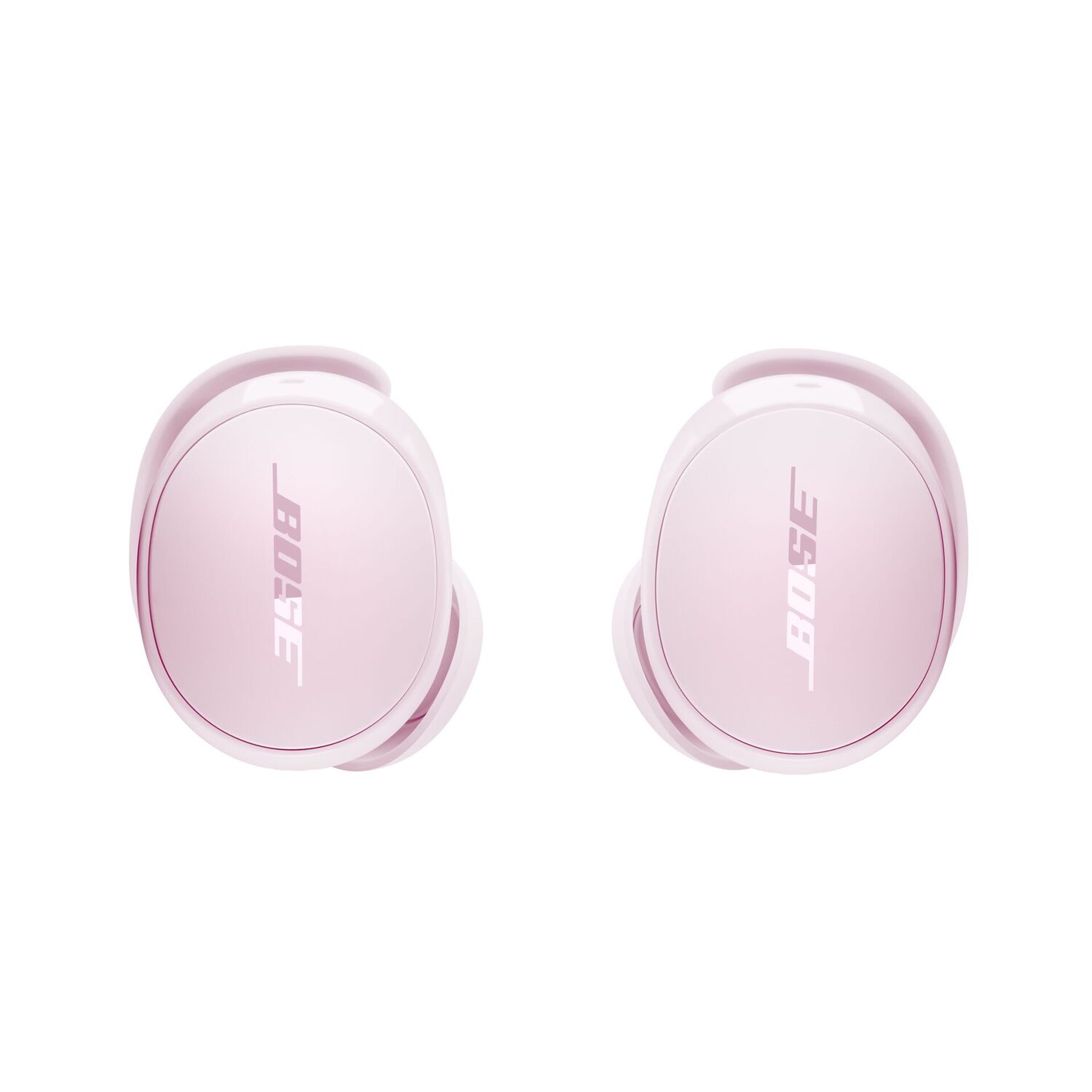 Two pink Bose wireless earbuds on a white background. Each earbud has the Bose logo. The design is smooth and modern.