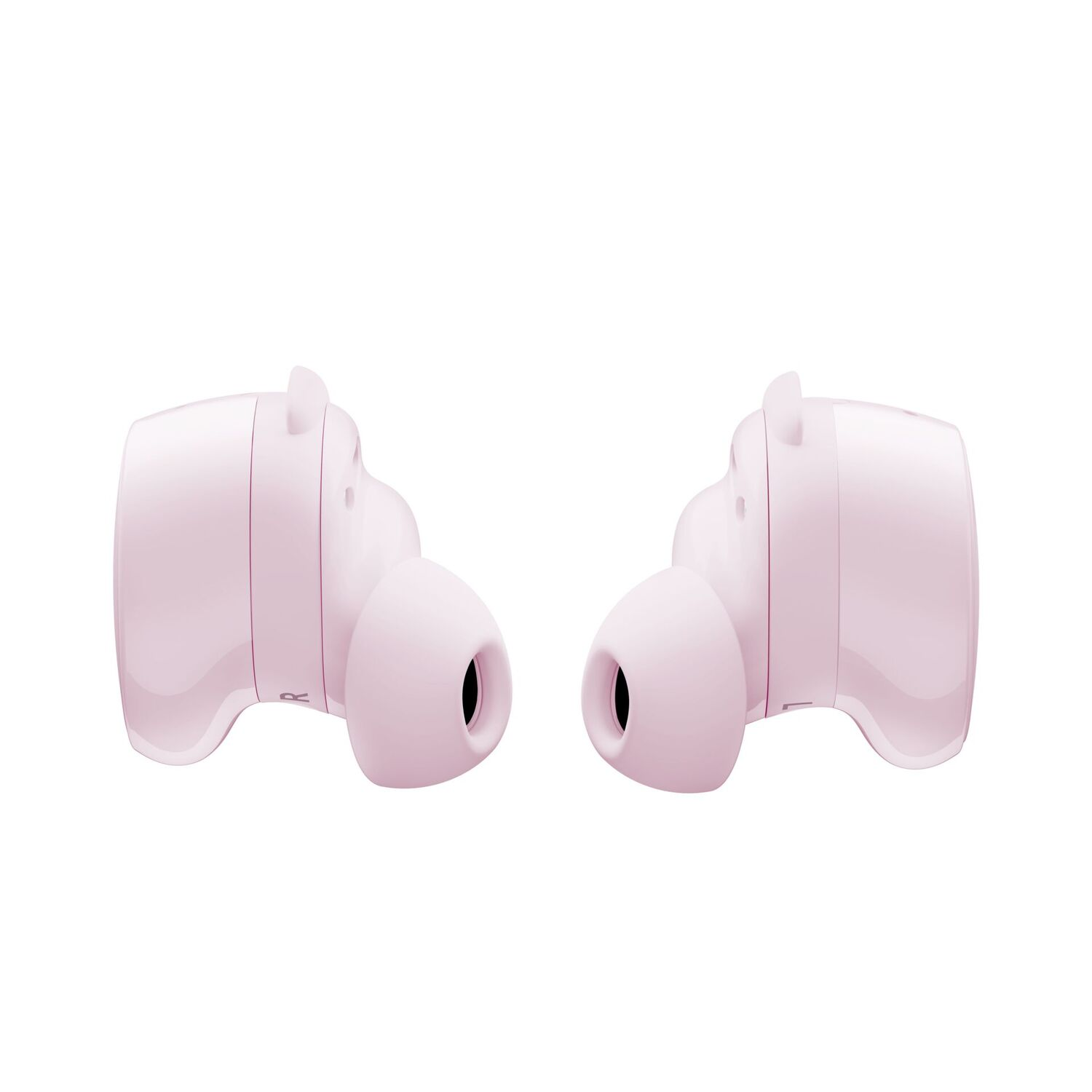 Two light pink wireless earbuds, side by side, facing each other. The background is white.