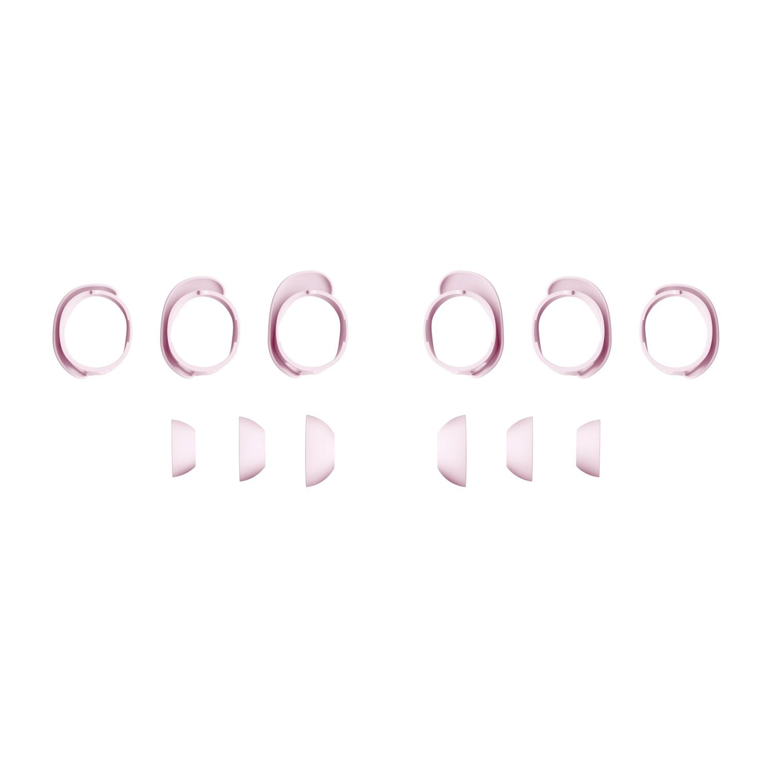 Six pink ear rings and three matching ear bud tips arranged on a white background. The ear rings are circular with small hooks.