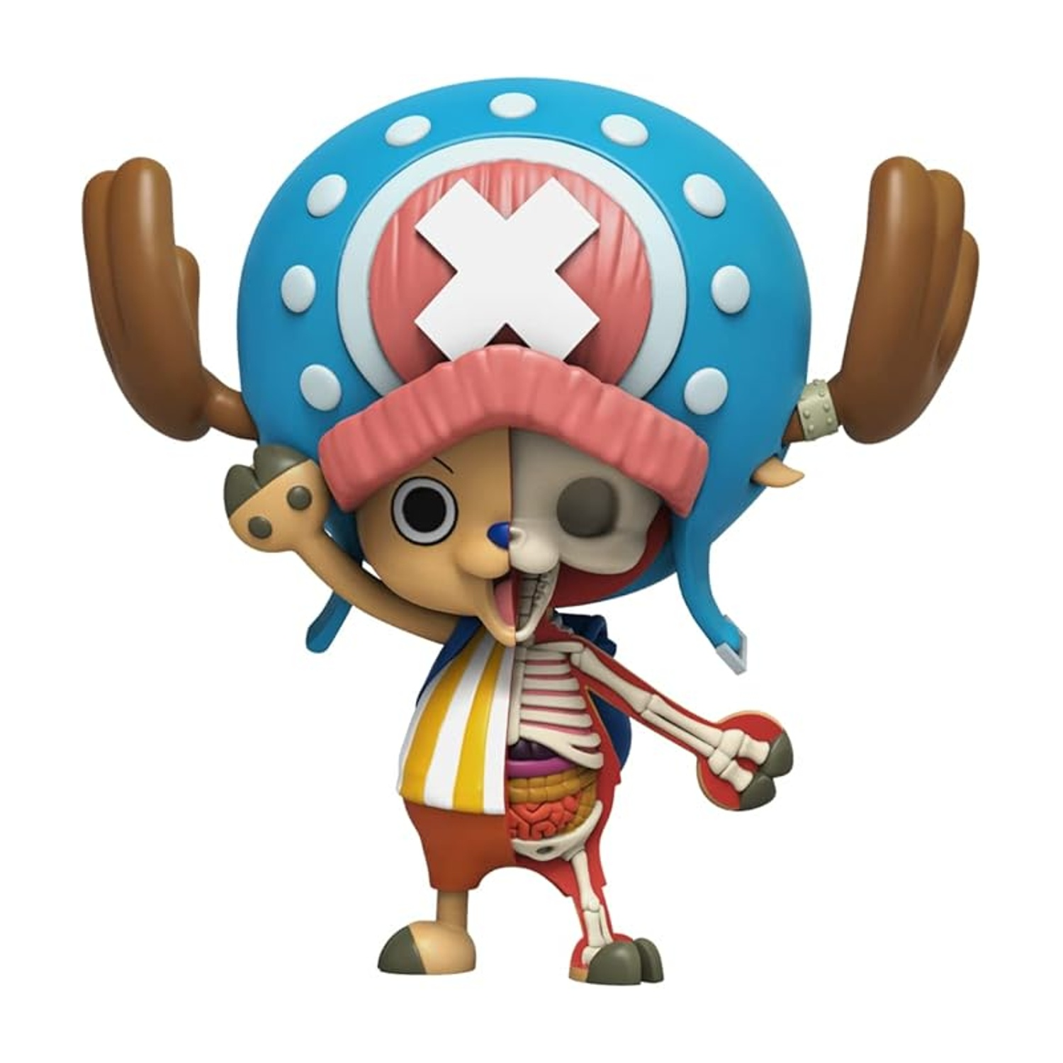 Una figura di Chopper, metà anatomica, indossa un cappello blu con una croce bianca e corna marroni. Il lato sinistro mostra il suo scheletro.