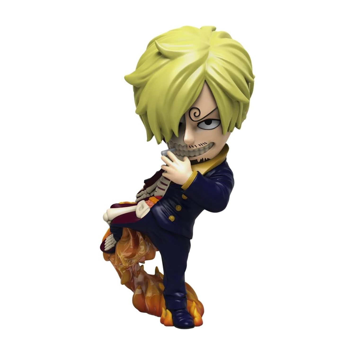 Una statuina di Sanji di One Piece. Ha i capelli biondi, un sopracciglio a spirale ed è in piedi sulle fiamme. Indossa un abito blu.