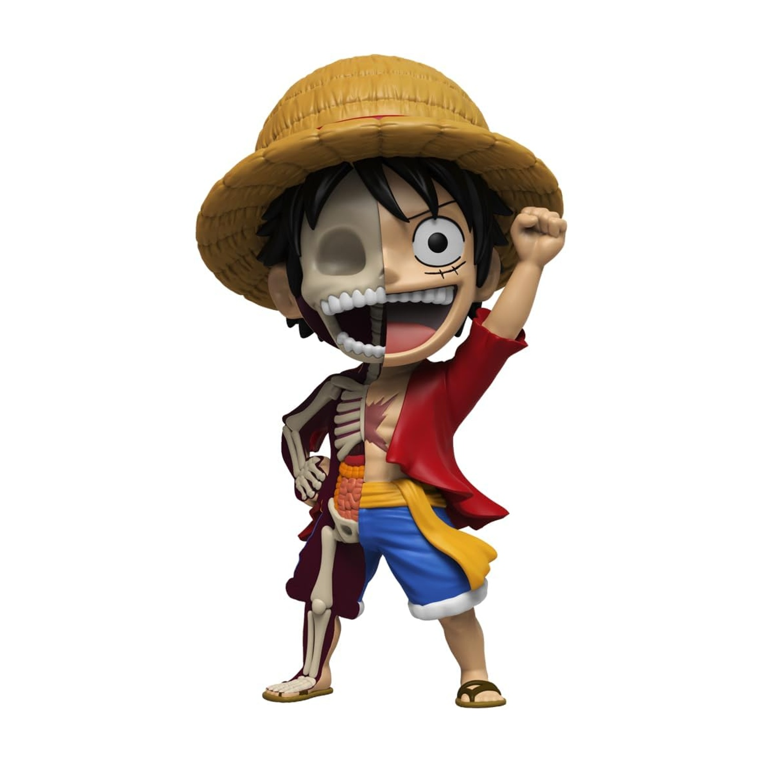 Una figura di Luffy con cappello di paglia, che mostra parzialmente lo scheletro. Indossa giacca rossa e pantaloncini blu, pugno alzato.