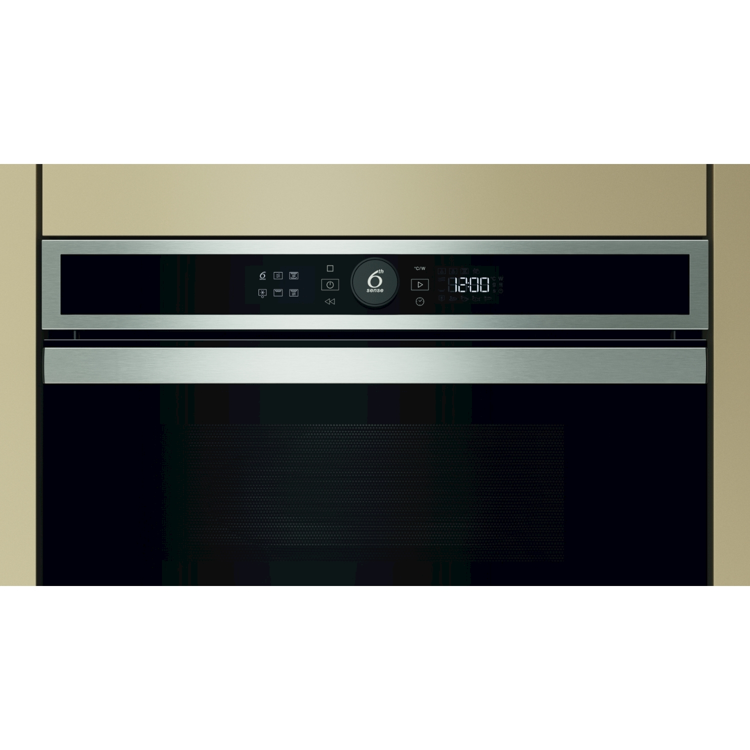 Un forno nero con display digitale che mostra le 12:00. Ha finiture in acciaio inox e sfondo beige chiaro.
