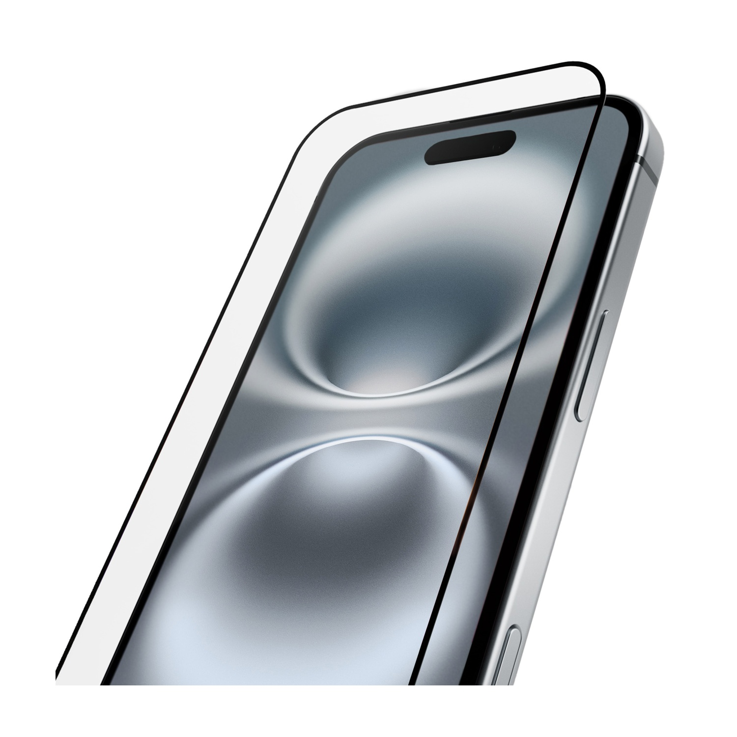 Uno smartphone argentato con una protezione per lo schermo. Lo schermo mostra un motivo sfocato e astratto. La protezione ha un bordo bianco.