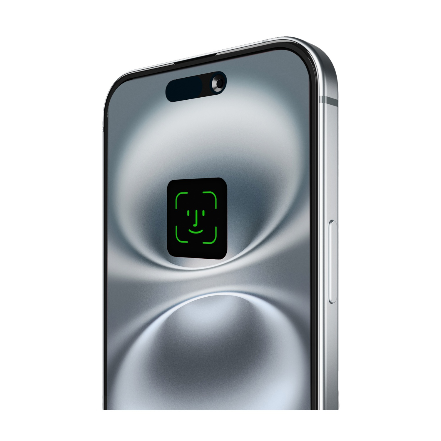 Primo piano dello schermo argentato di uno smartphone. Lo schermo mostra l'icona Face ID. In alto c'è un ritaglio nero per la fotocamera.