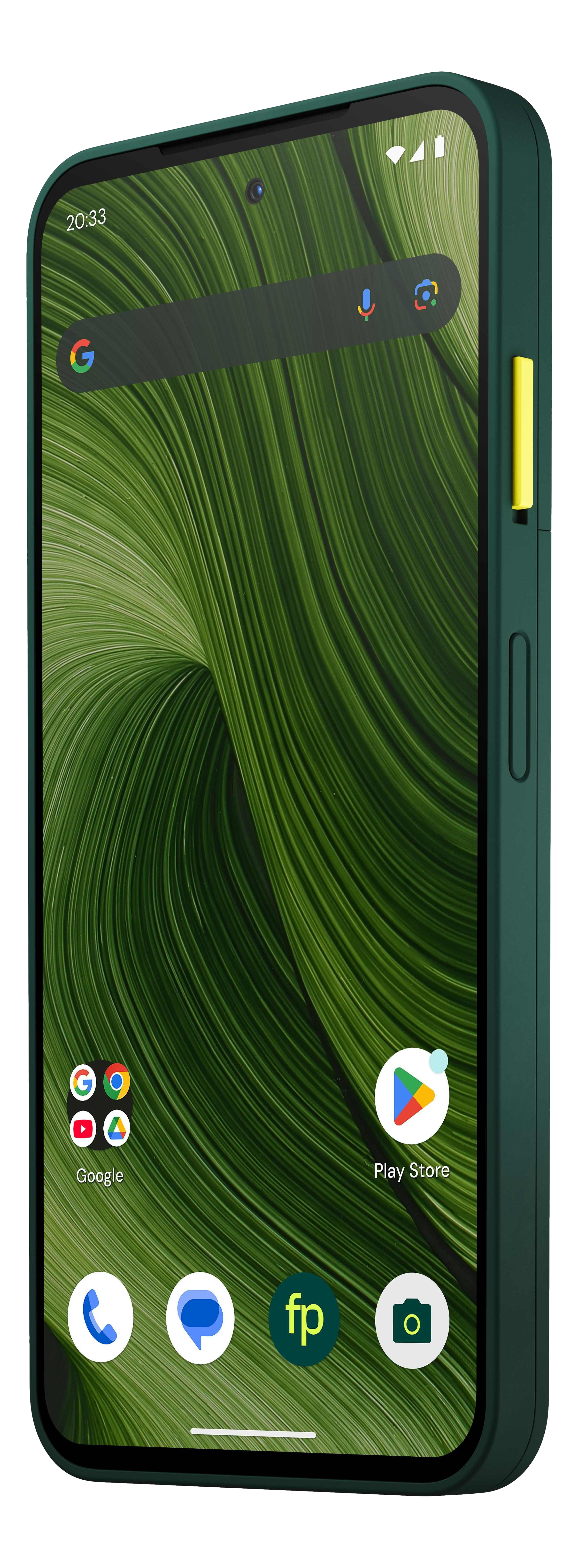 Ein Smartphone mit grünem Gehäuse zeigt einen grünen abstrakten Hintergrund. Symbole für Google, Play Store und andere Apps sind sichtbar.