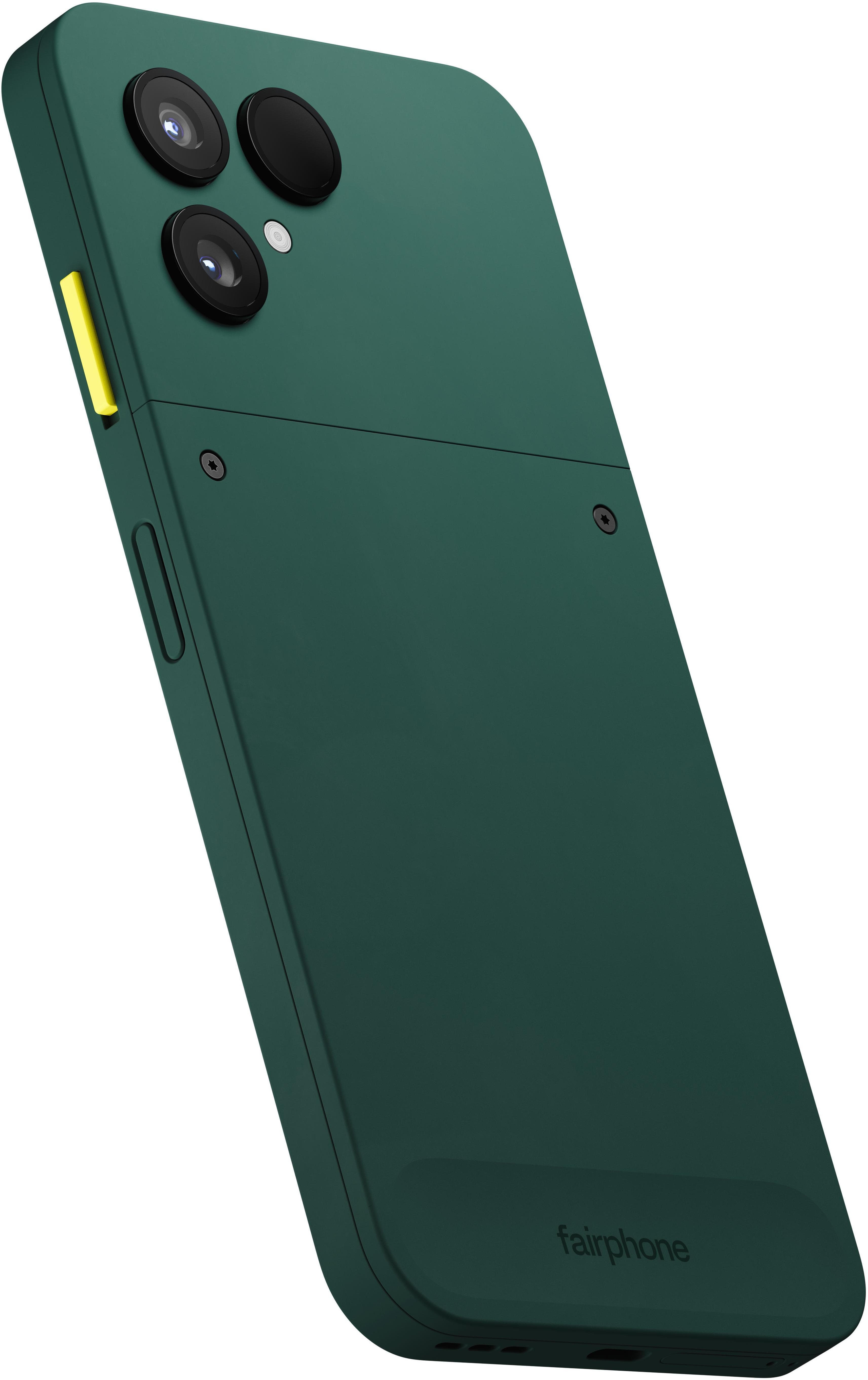 Grüne Handyhülle mit drei Kameras und gelber Taste. Markenname 'fairphone' unten sichtbar.