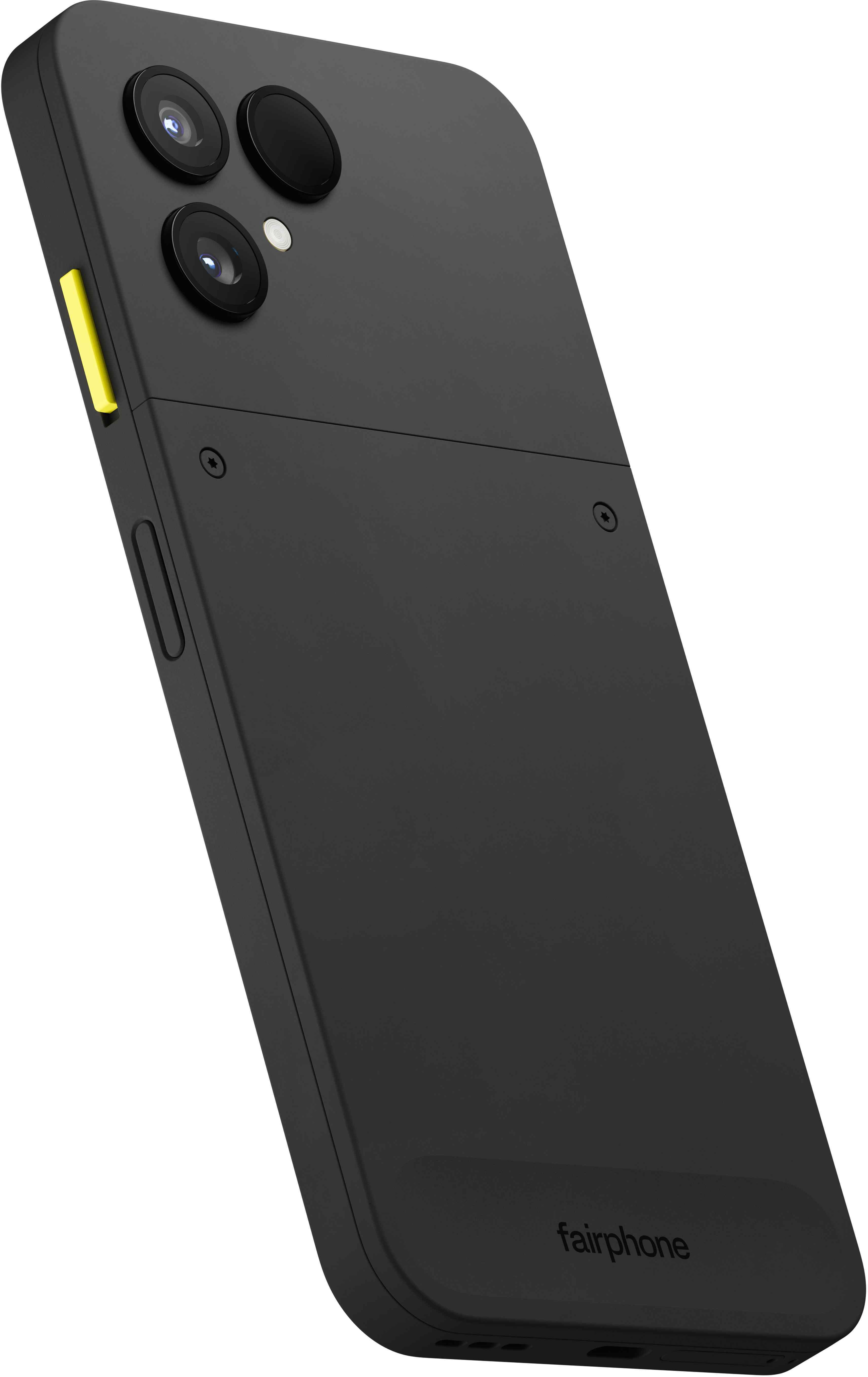Schwarzes Fairphone. Drei Rückkameras, gelber Akzent an der Seite. Abgerundete Ecken. Fairphone-Logo unten.