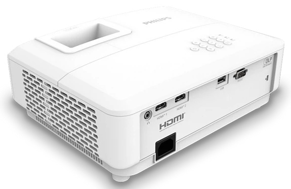 Biały projektor Philips z wieloma portami i przyciskami. Posiada otwór wentylacyjny i otwór na obiektyw.