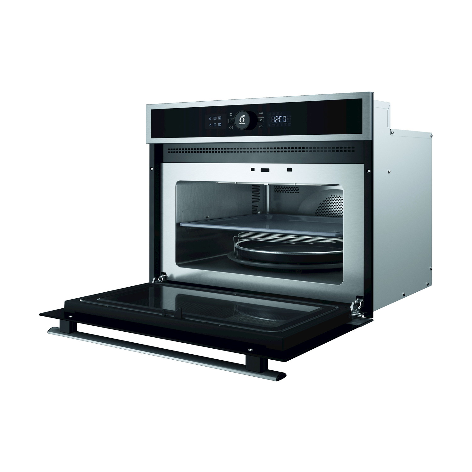 Un forno a microonde in acciaio inossidabile con porta nera aperta. L'interno ha un ripiano e un vassoio rotante.