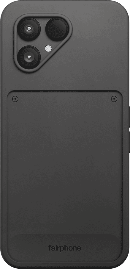 Une coque de téléphone gris foncé avec un module caméra à trois lentilles. Une section avec des vis et le mot fairphone est visible.