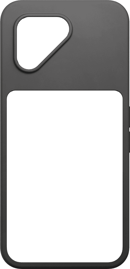 Une coque de téléphone gris foncé avec une découpe pour l'appareil photo en haut et une grande ouverture rectangulaire au centre.