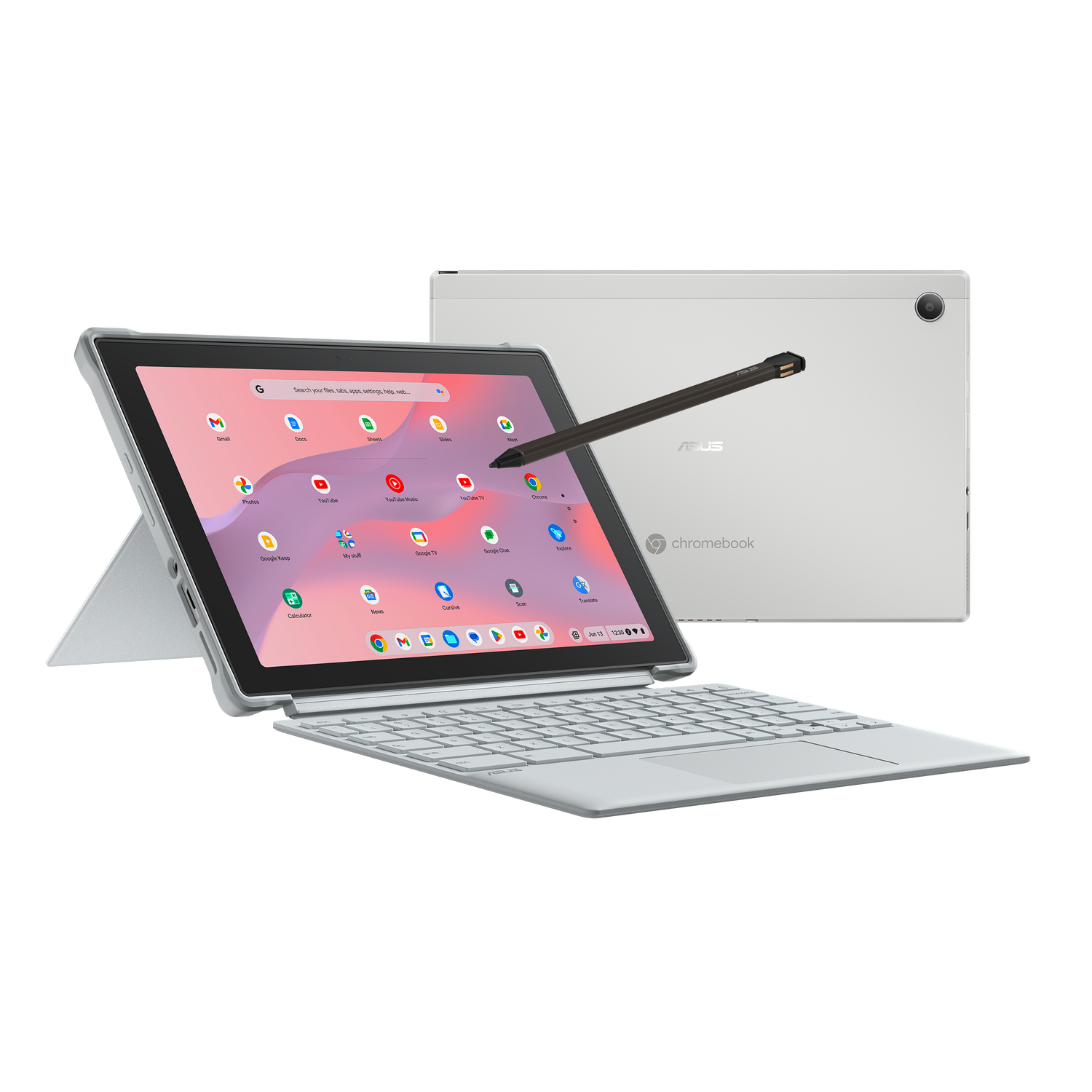 Una tableta Chromebook ASUS plateada con teclado desmontable y lápiz. La pantalla muestra iconos de aplicaciones. Otra tableta en el fondo.