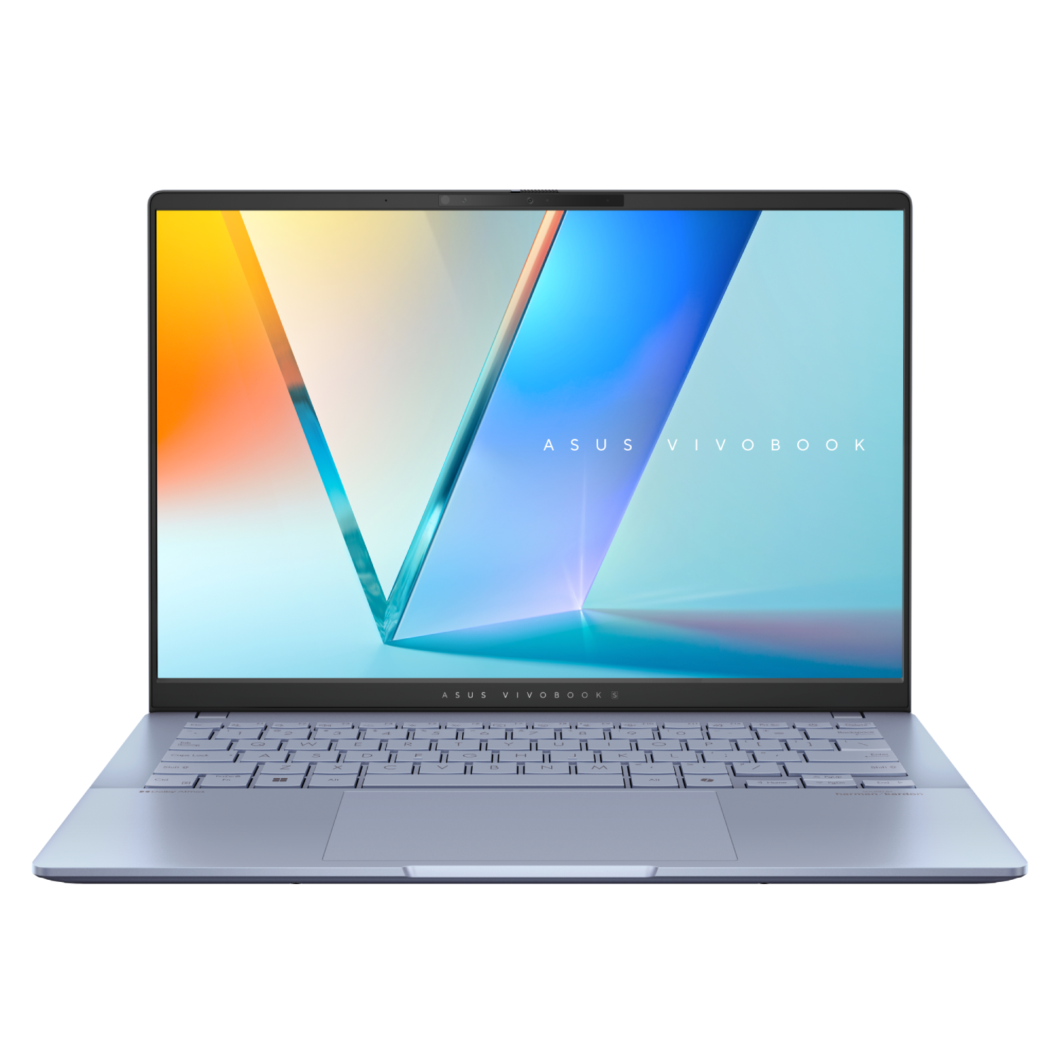 Una computadora portátil azul con teclado, la pantalla muestra una imagen abstracta colorida. La marca ASUS Vivobook está en la pantalla.
