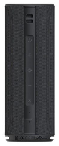 Czarny głośnik z panelem sterowania. Przyciski to zasilanie, głośność i Bluetooth. Perforowane siatkowe boki. Białe tło.