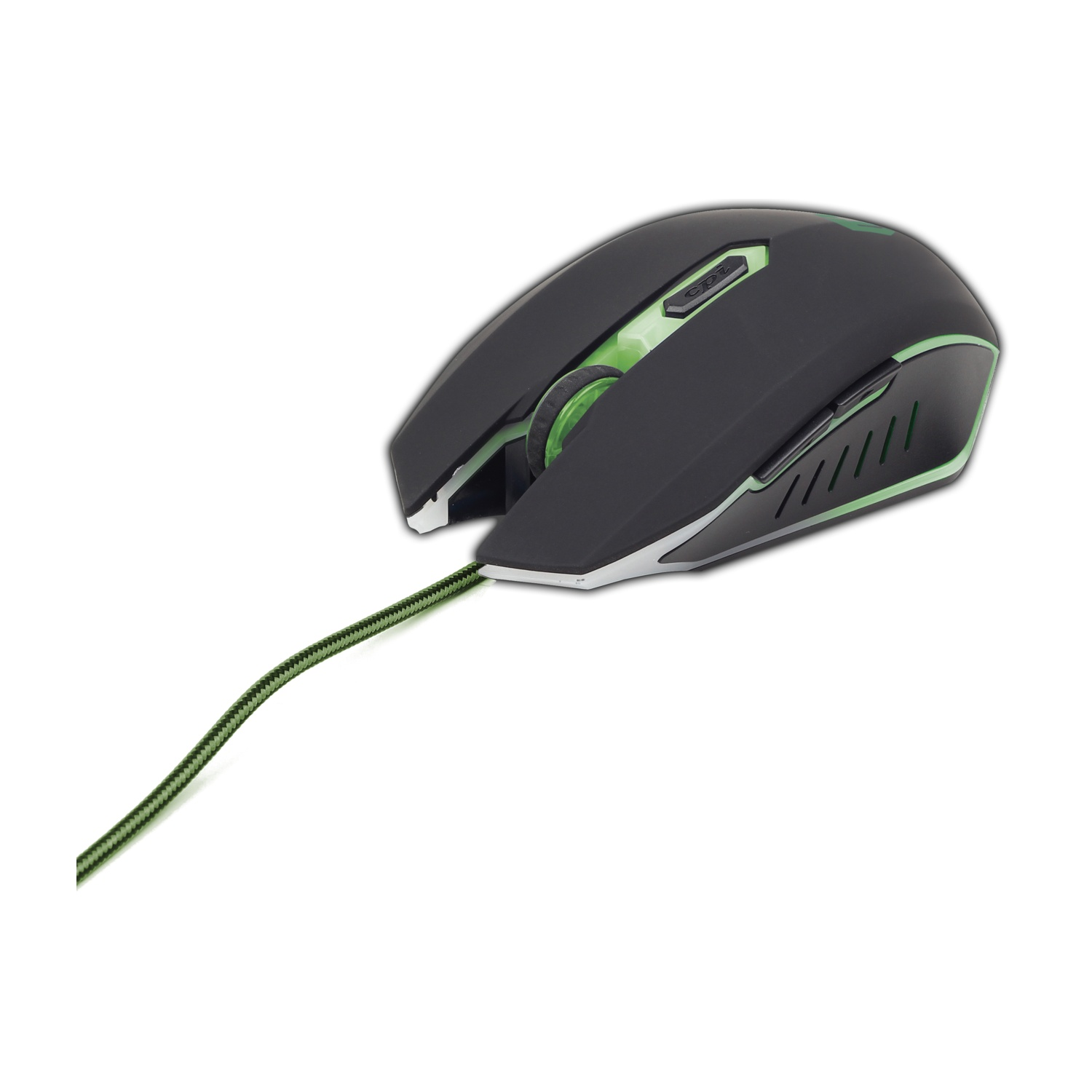 Un mouse da gioco nero e verde con un cavo intrecciato verde. Il mouse ha dettagli verdi e un pulsante DPI.