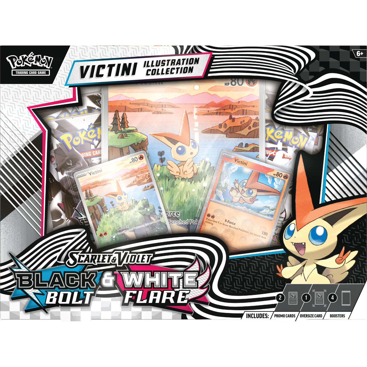 Een Pokemon TCG-box met Victini-artwork, kaarten en boosterpacks. De box is gelabeld met 'Black & White Flare' en 'Scarlet & Violet'.
