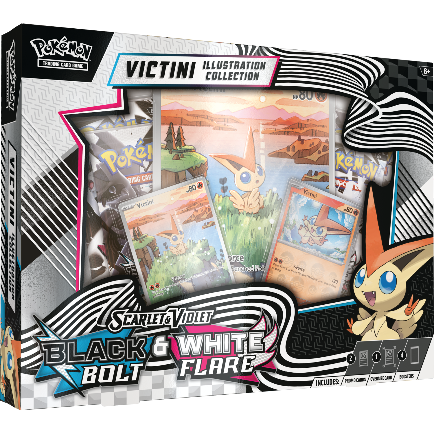 Een Pokemon trading card game box met Victini artwork. De doos toont kaarten, illustraties en de Pokemon Victini. Inclusief kaarten en boosters.