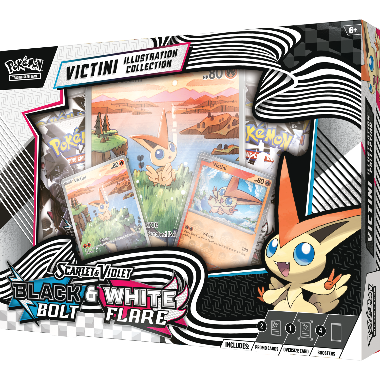 Een Pokemon-ruilkaartspelbox met Victini-kunst. Het bevat promokaarten, een oversized kaart en boosters. Zwart en wit.