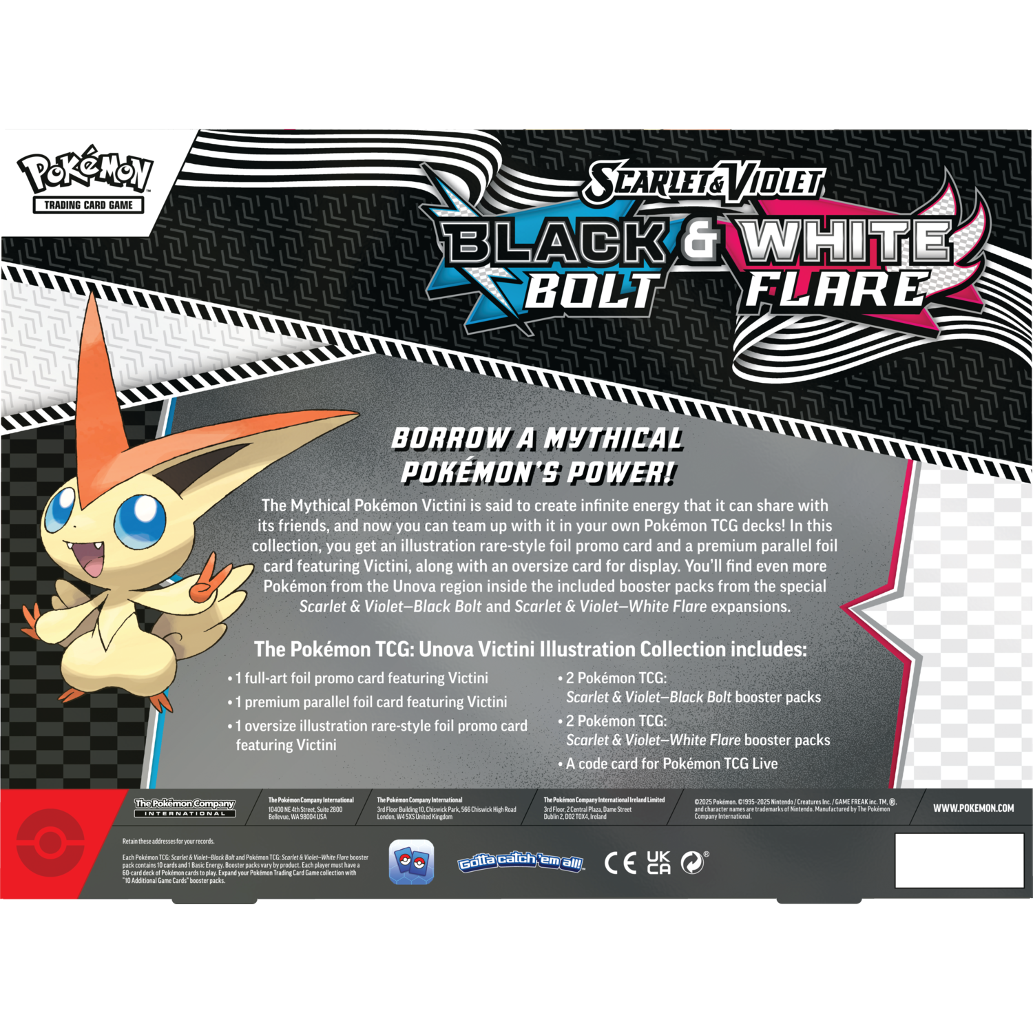 Een Pokémon TCG-box met Victini en tekst. Bevat booster packs en promokaarten. Scarlet & Violet, Black & White.