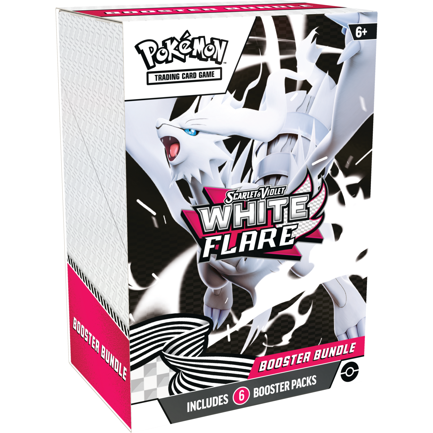 Een Pokémon trading card game booster bundle box. Het heeft een witte draak, de tekst "White Flare" en bevat 6 booster packs.