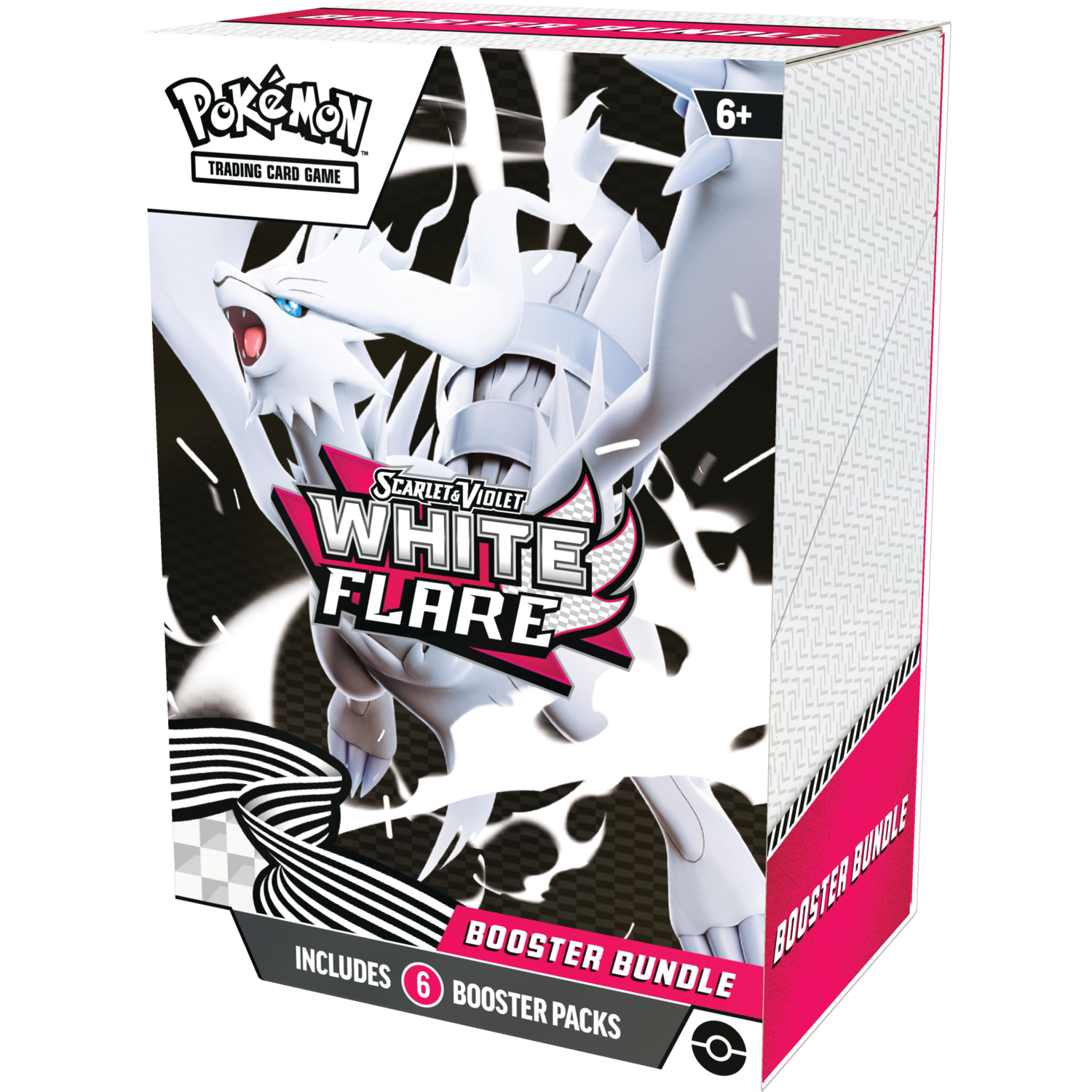 Een Pokémon trading card game box. Het is wit en roze, met een witte drakenafbeelding en de titel "White Flare".