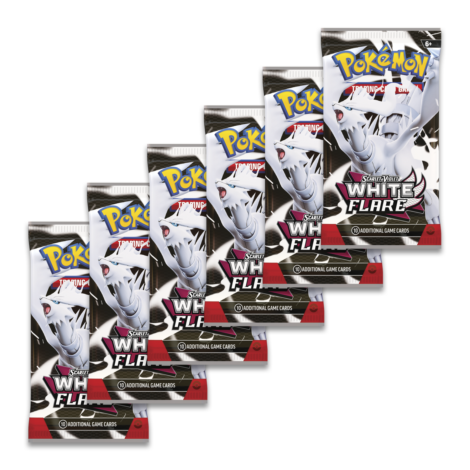 Zes Pokemon trading card packs. Elke verpakking heeft een witte draak, de woorden 'White Flare' en '10 extra game cards'.