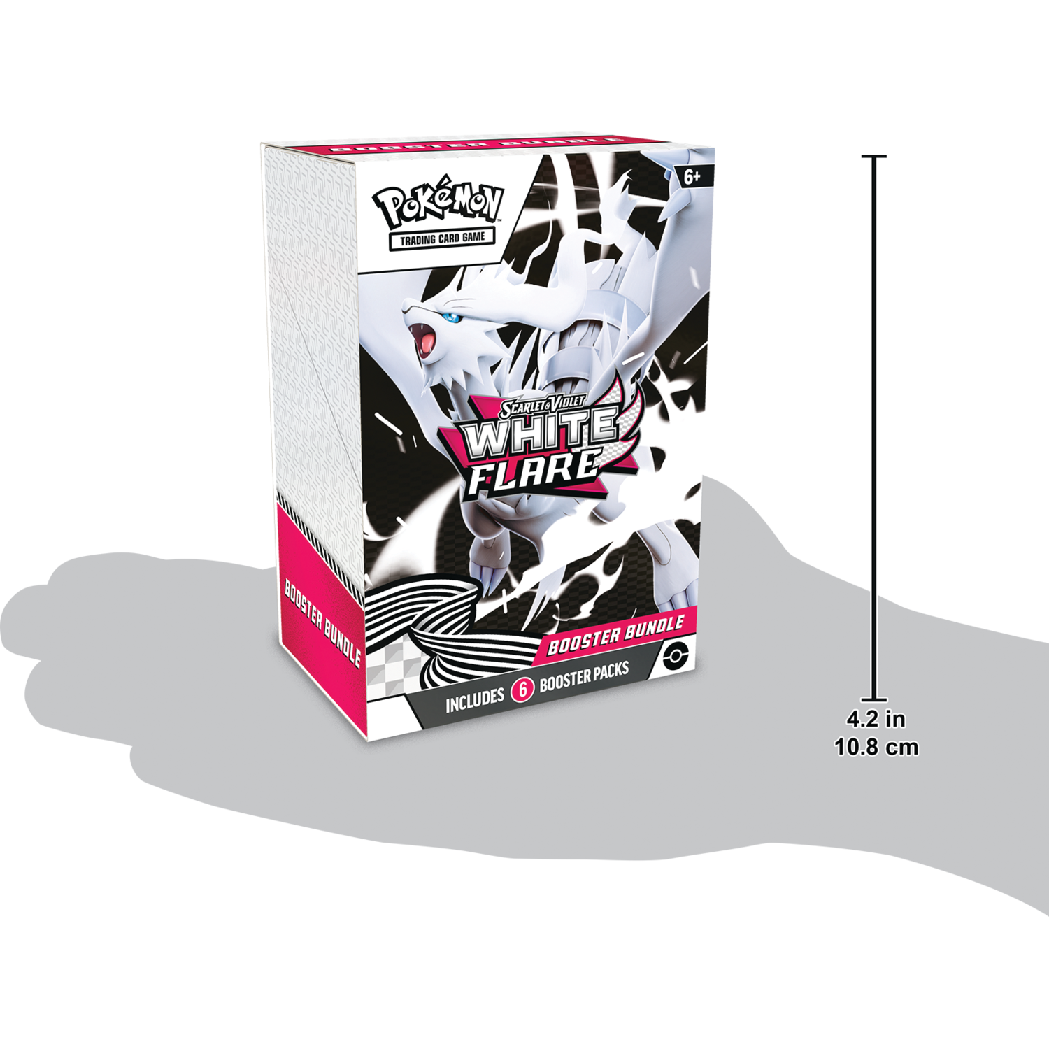 Een Pokémon trading card game booster bundle. Het is wit en roze, met een witte Pokémon. Bevat 6 booster packs. Het is 4,2 inch / 10,8 cm.