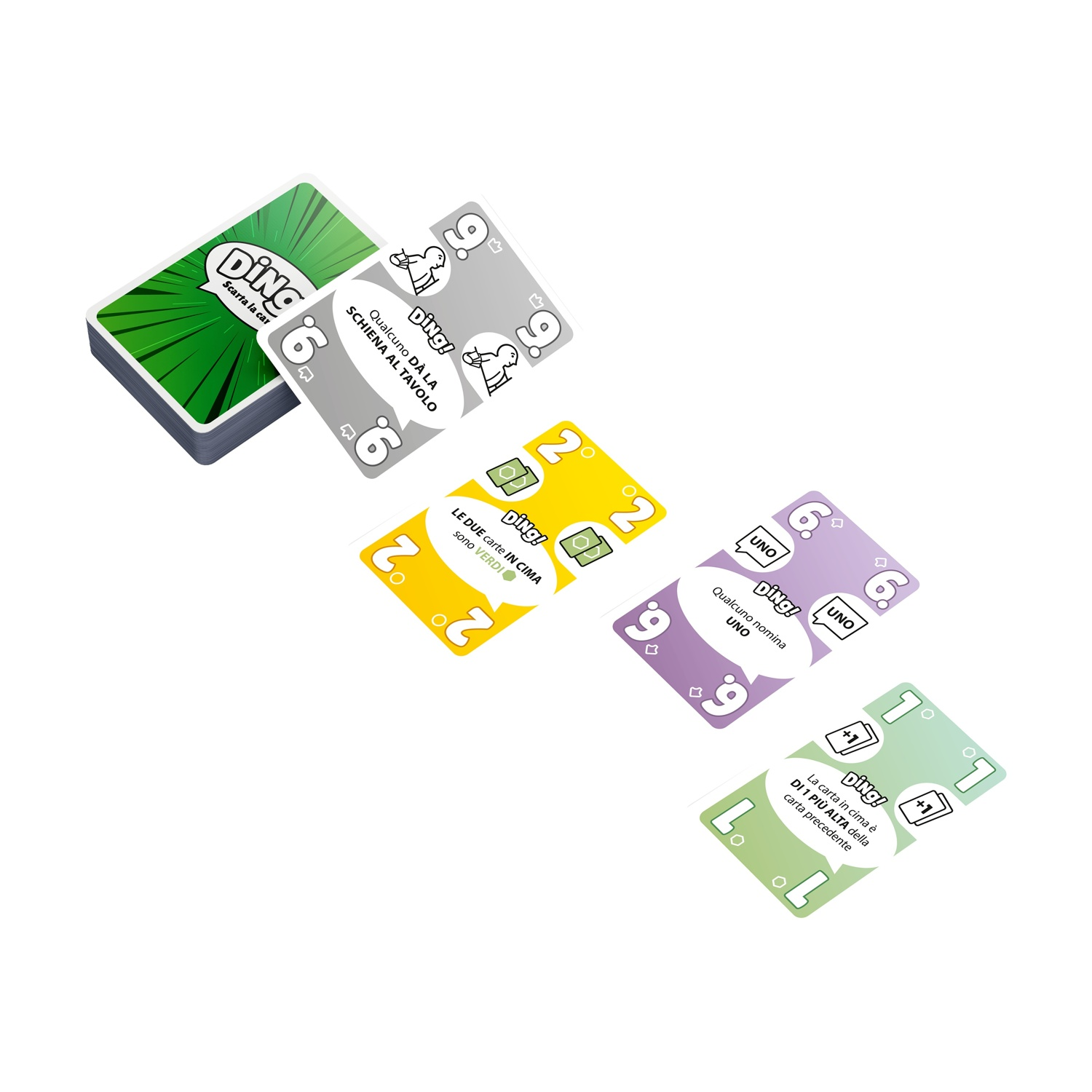 Diverse carte Ding! sono sparse. Un mazzo di carte è a sinistra. Le carte sono gialle, viola, verdi e grigie.