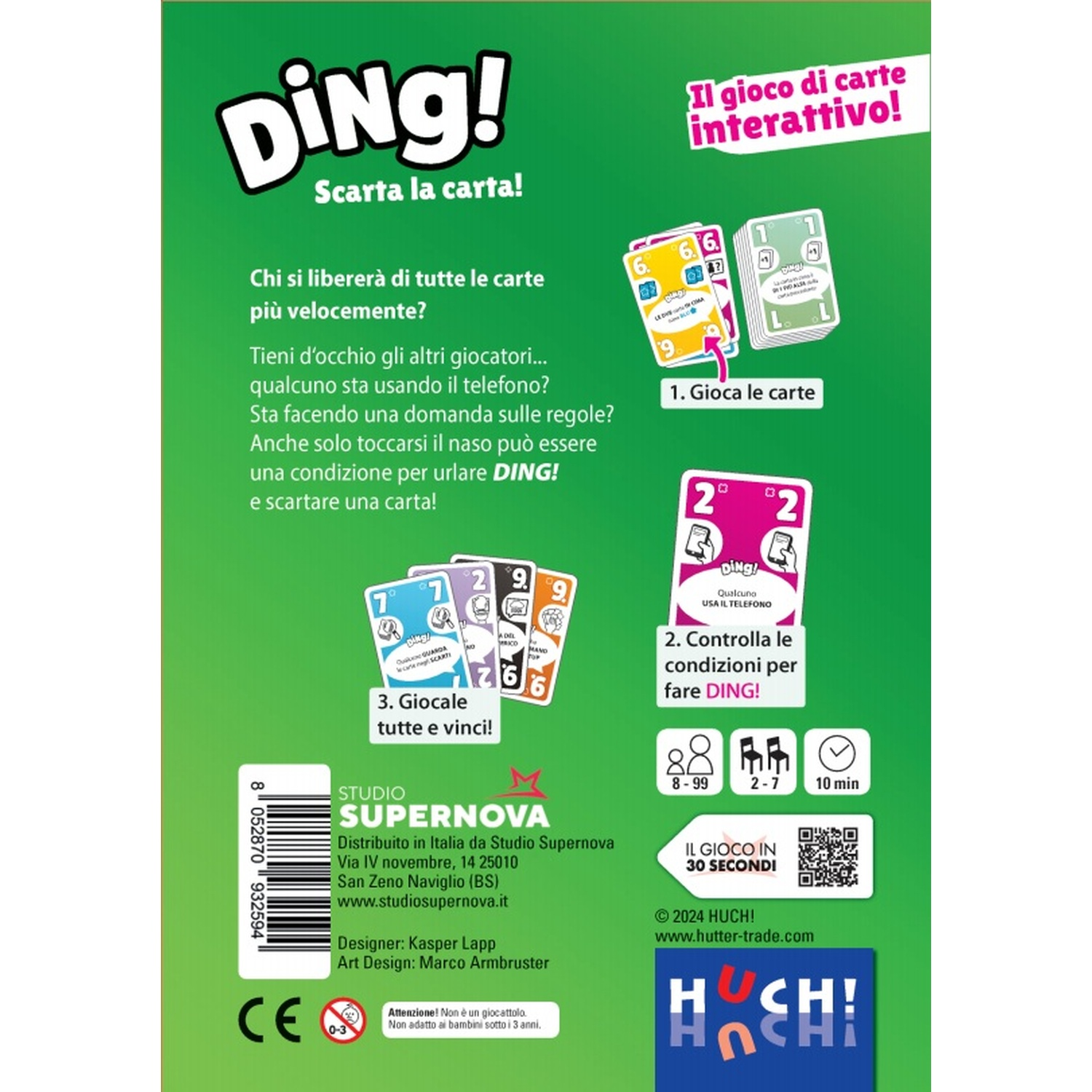 Retro della scatola del gioco di carte DING!. Sono mostrate carte con numeri e simboli. Testo in italiano. Sfondo verde.