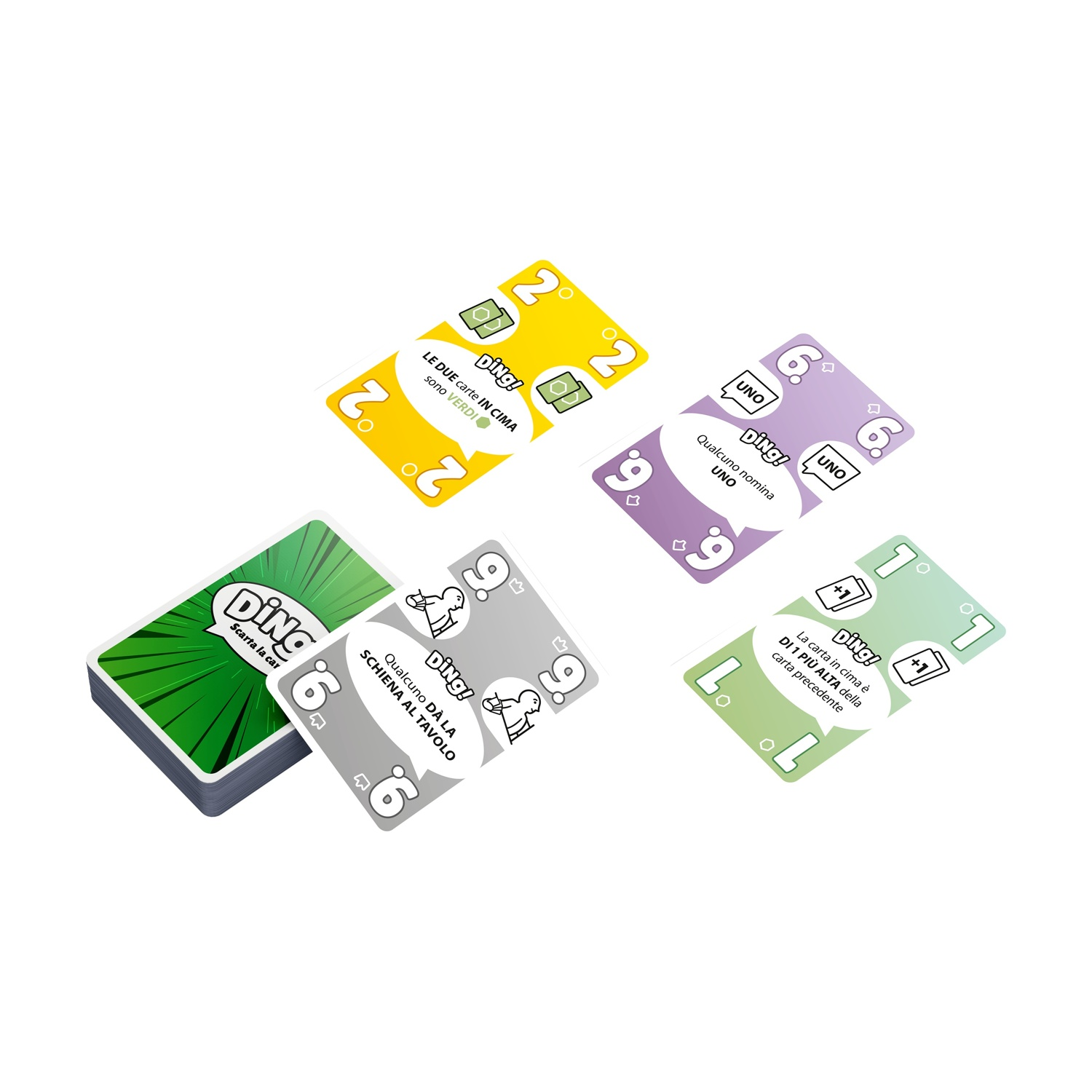 Varie carte del gioco DING sono sparse. Le carte sono gialle, verdi, viola e grigie, con numeri e istruzioni.