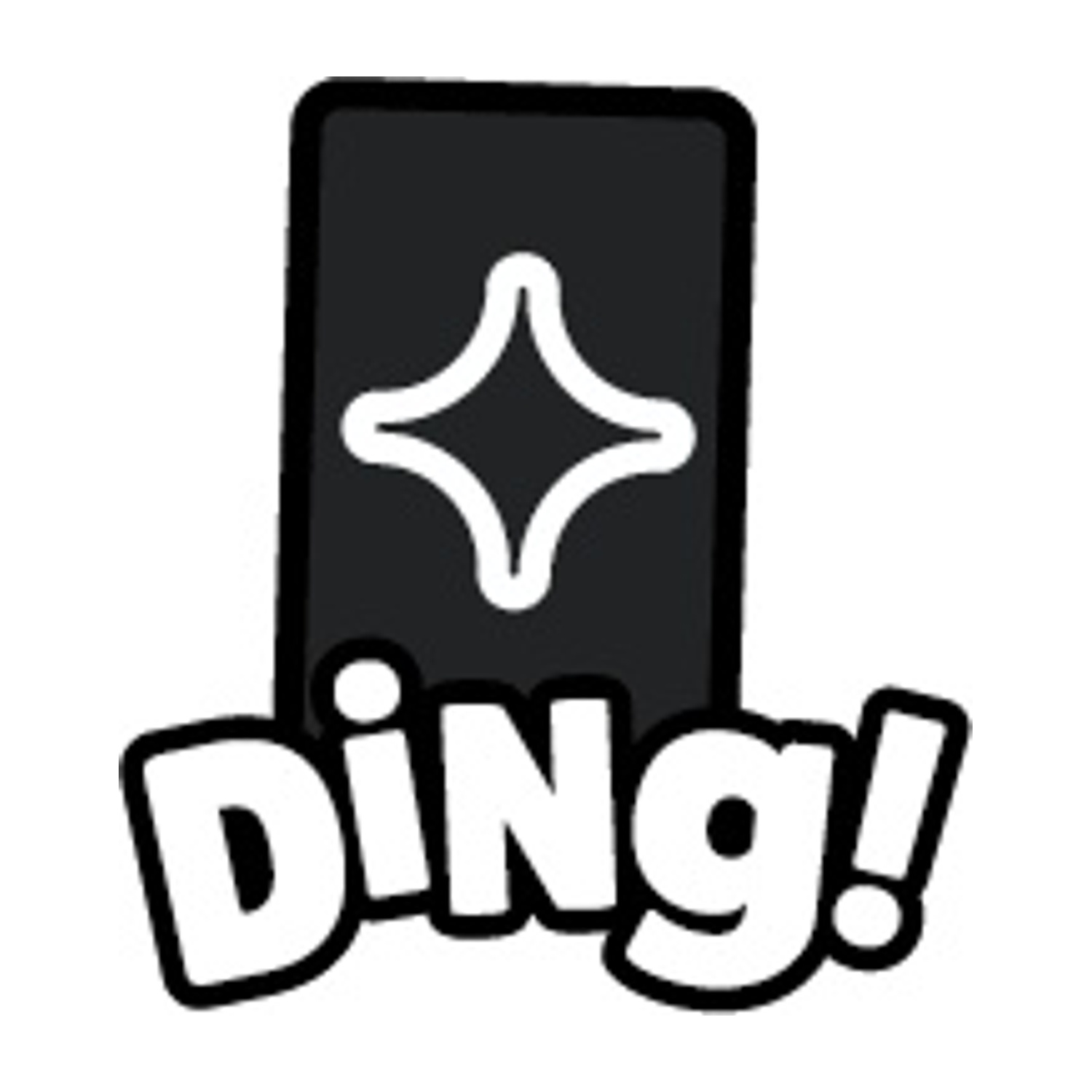Un rettangolo nero con una forma a stella bianca all'interno. Sotto, la parola "Ding!" in bianco, bordata di nero, su sfondo bianco.