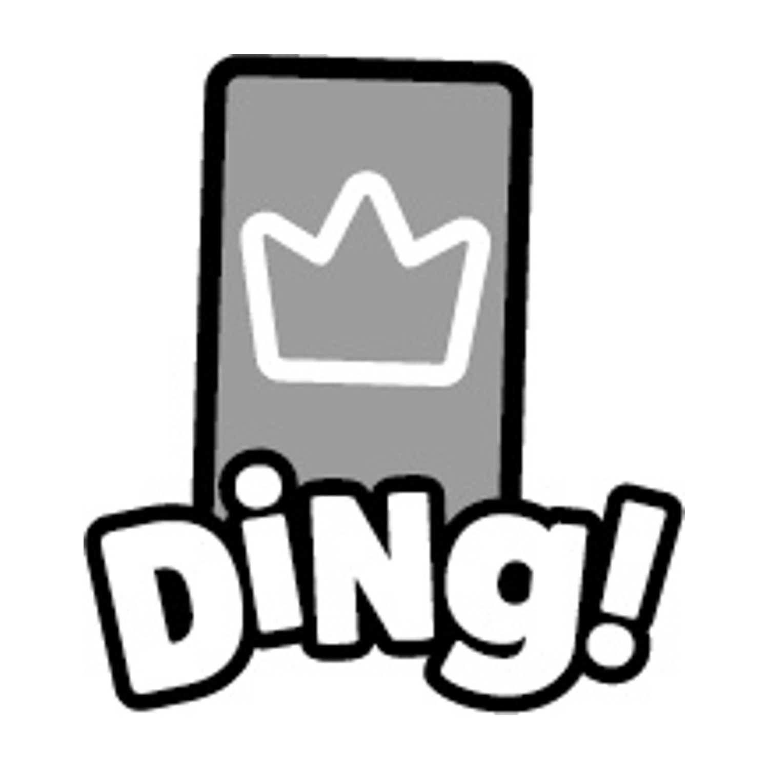 Un'immagine in bianco e nero che mostra un rettangolo grigio con una corona bianca all'interno. Sotto c'è la parola "Ding!".