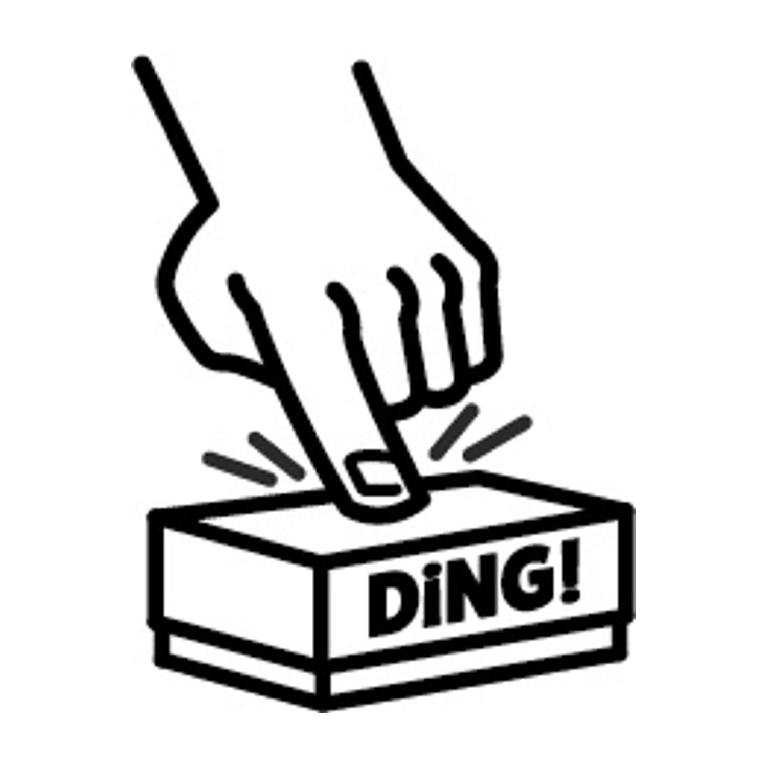 Una mano preme un pulsante con la scritta 'DING!'. Il pulsante è su una scatola. Linee nere su sfondo bianco.