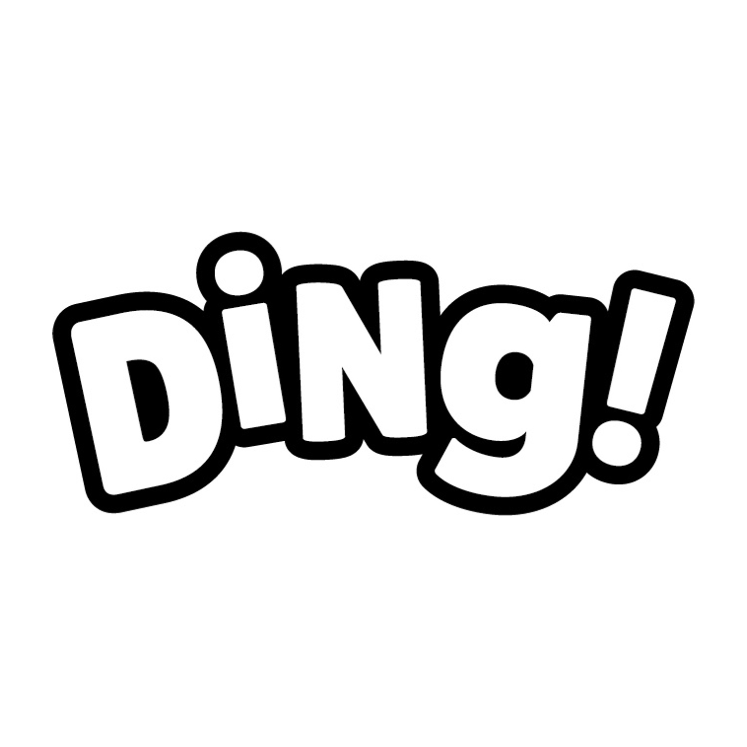 La parola "Ding!" in grassetto, lettere bianche con contorni neri su sfondo bianco.
