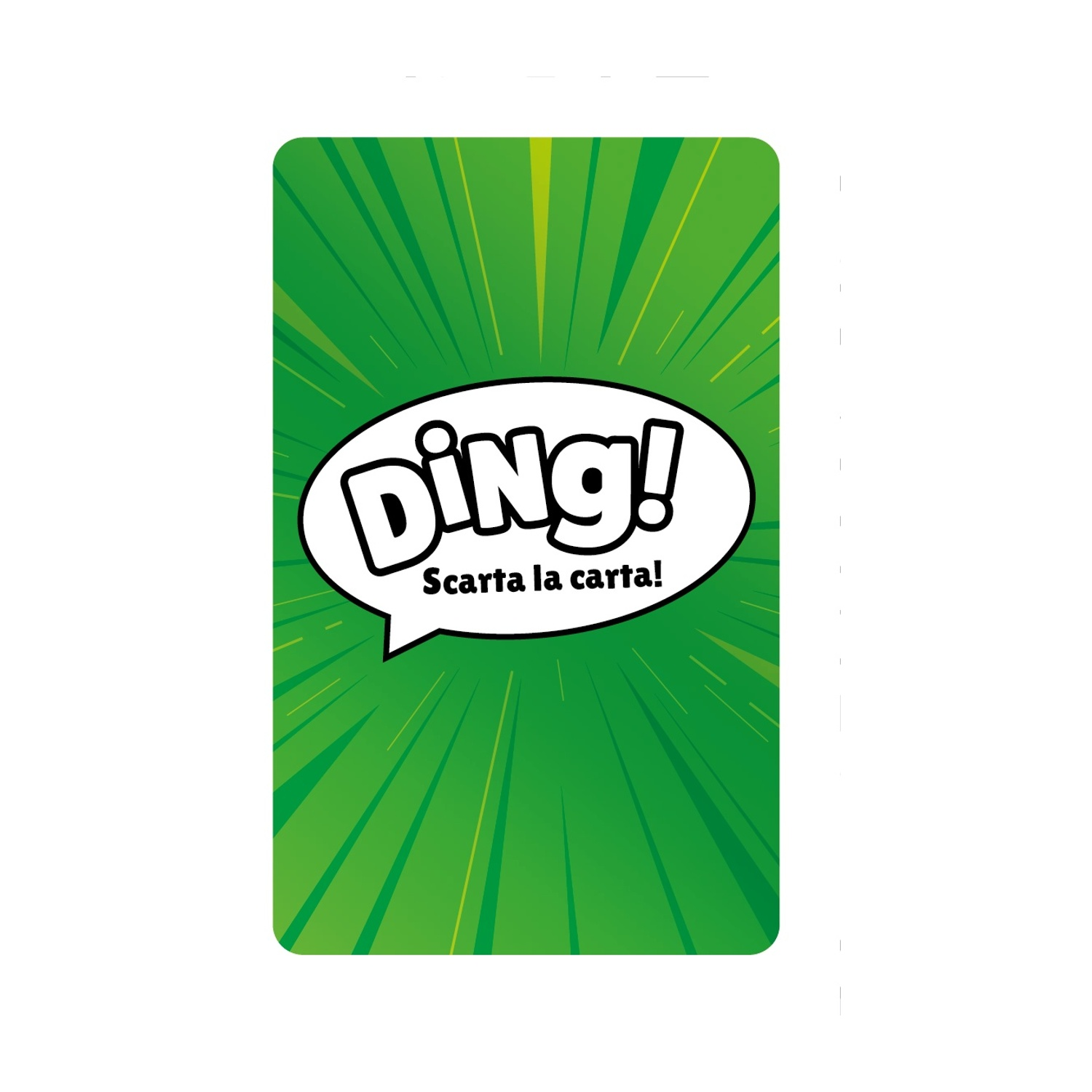 Carta da gioco verde con 'Ding!' in un fumetto bianco. Sotto c'è 'Scarta la carta!'