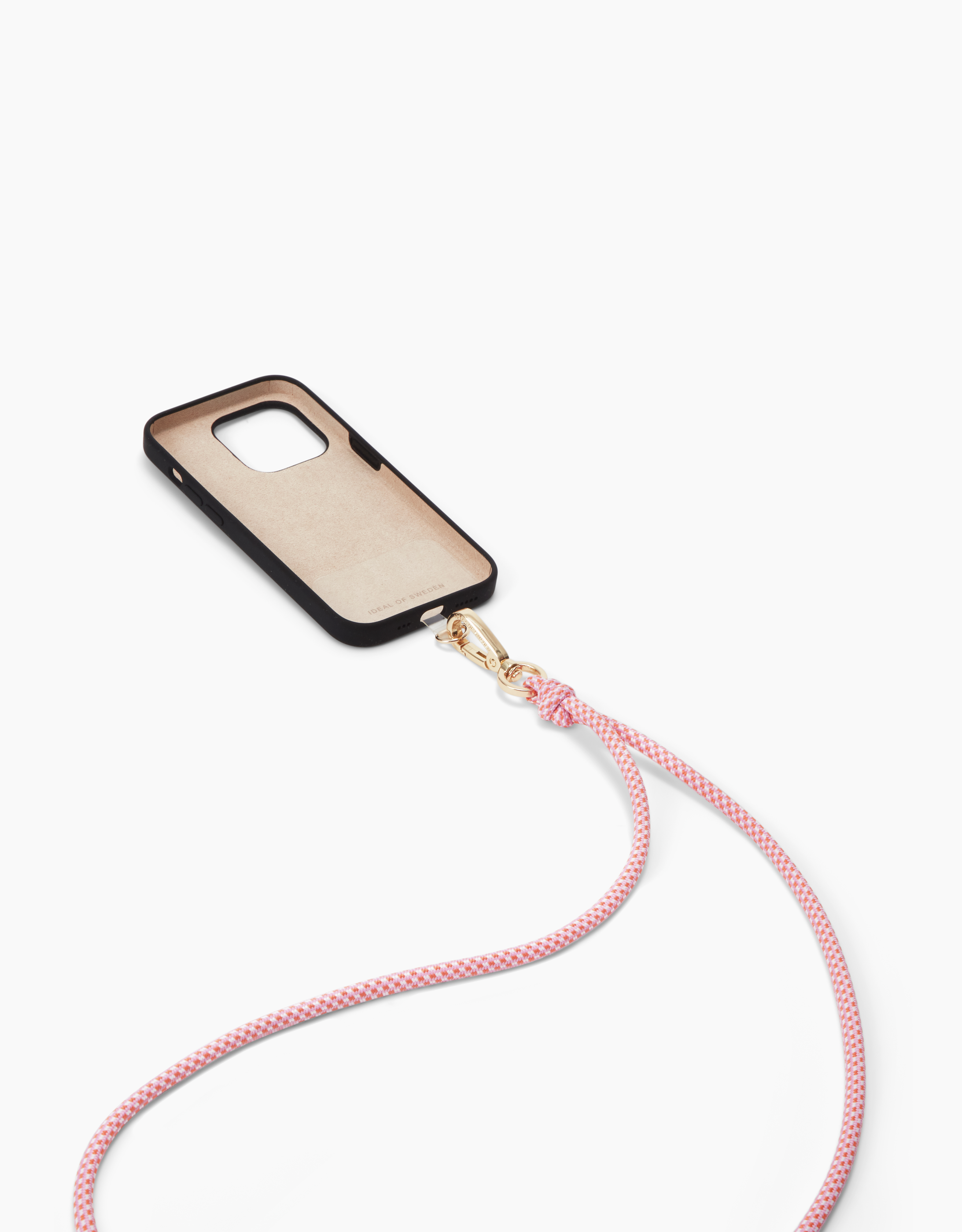 Eine Handyhülle mit einem rosa-weißen Seil. Die Hülle ist schwarz und hat einen goldenen Verschluss.