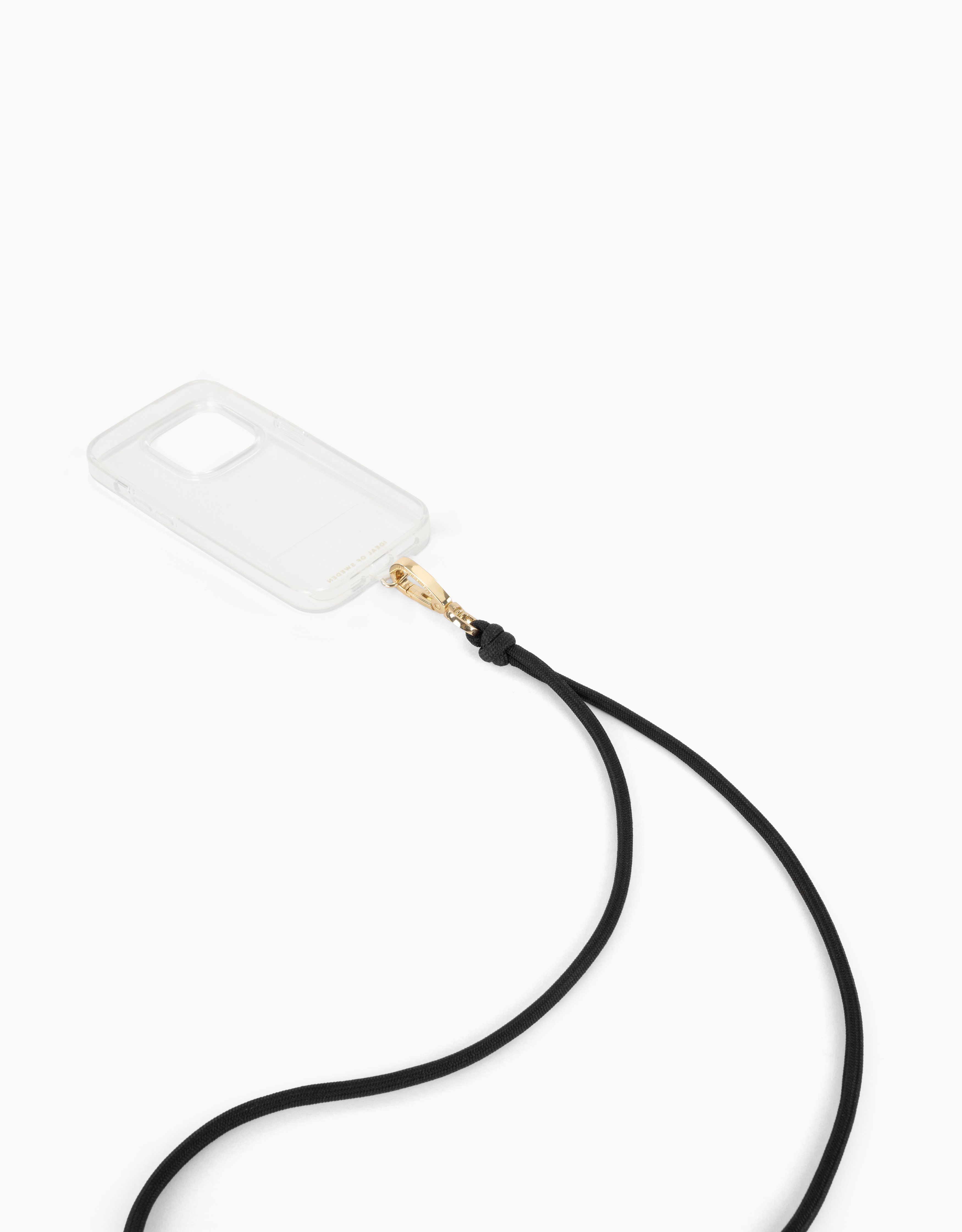 Eine transparente Handyhülle mit einem schwarzen Schlüsselband. Ein goldener Verschluss verbindet die Hülle mit dem Schlüsselband.
